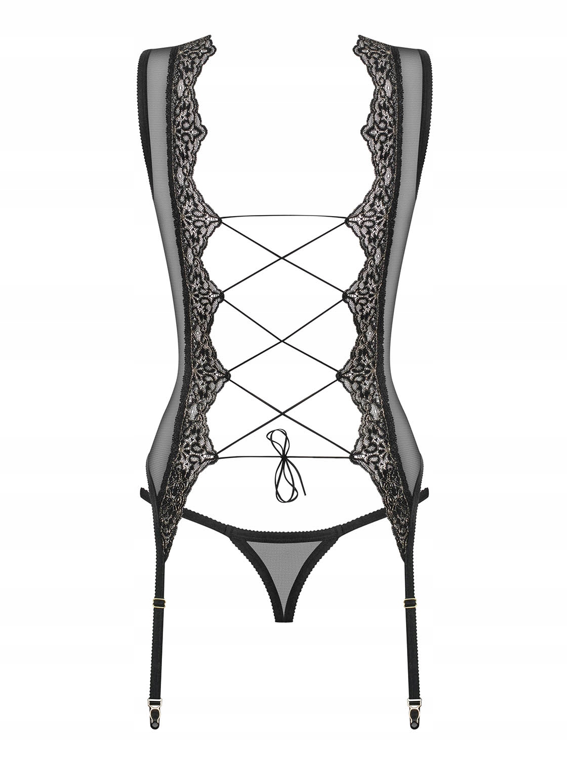 Obsessive Meshlove Gorset i Stringi Czarny L/XL Rodzaj Ozdobne
