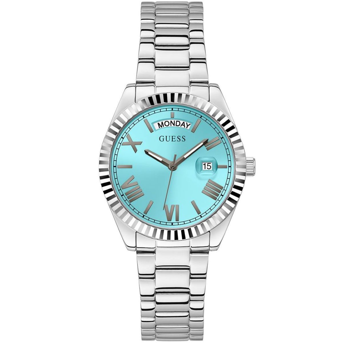 Guess Luna dámské stříbrné hodinky s tyrkysovým ciferníkem GW0308L4