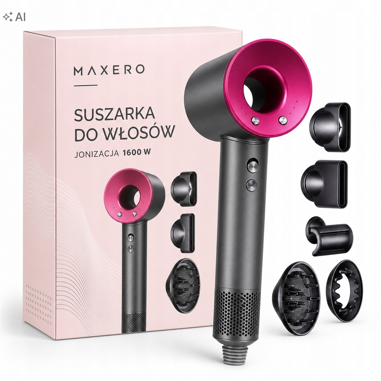 Fén na vlasy s ionizací Difuzér Silný 1600W Zimní foukání 6v1 Maxero