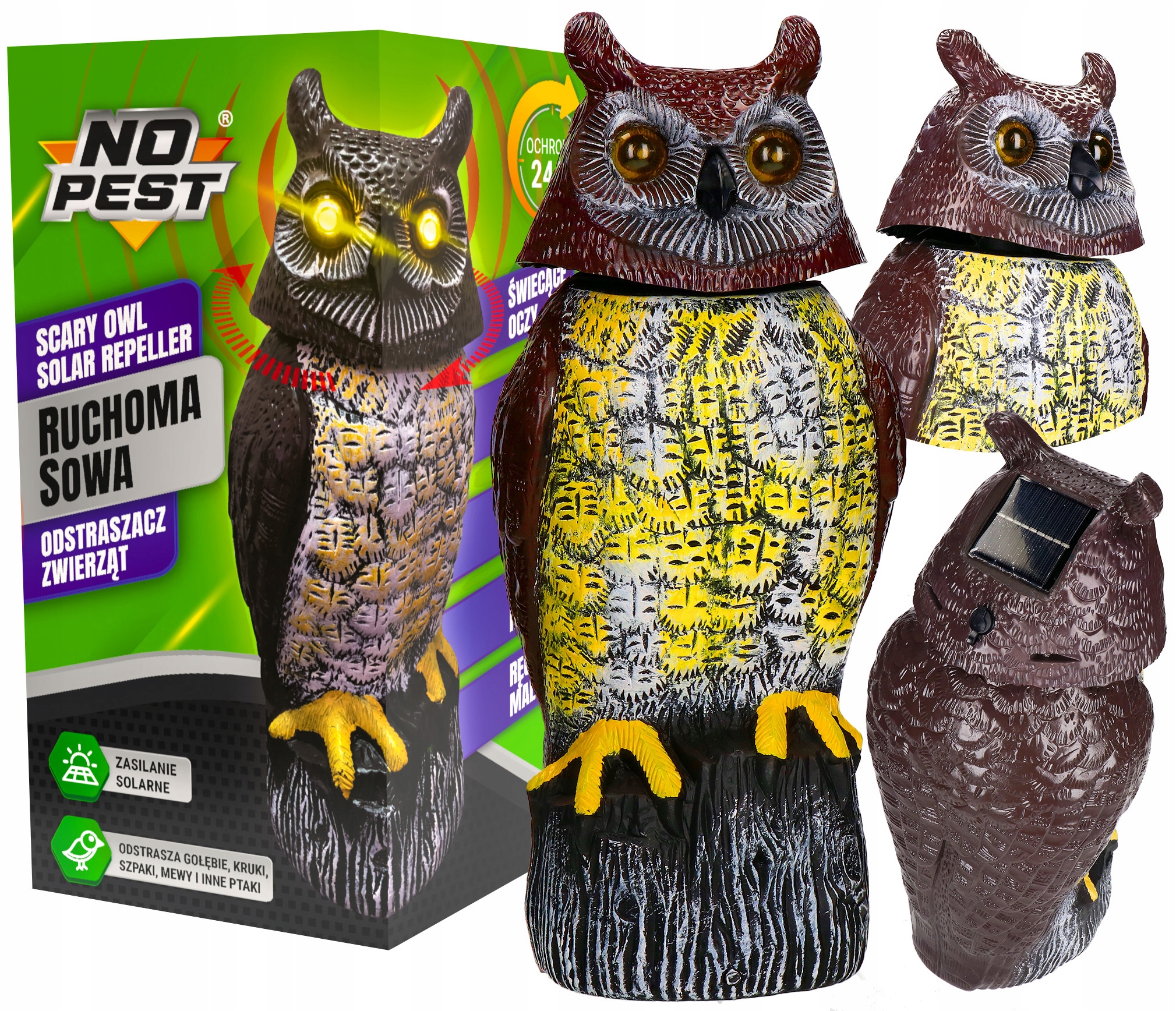 Sowa Solarna Odstraszacz Ptaków Ruchoma Dźwiękowa Makieta Ptaka Drapieżnego