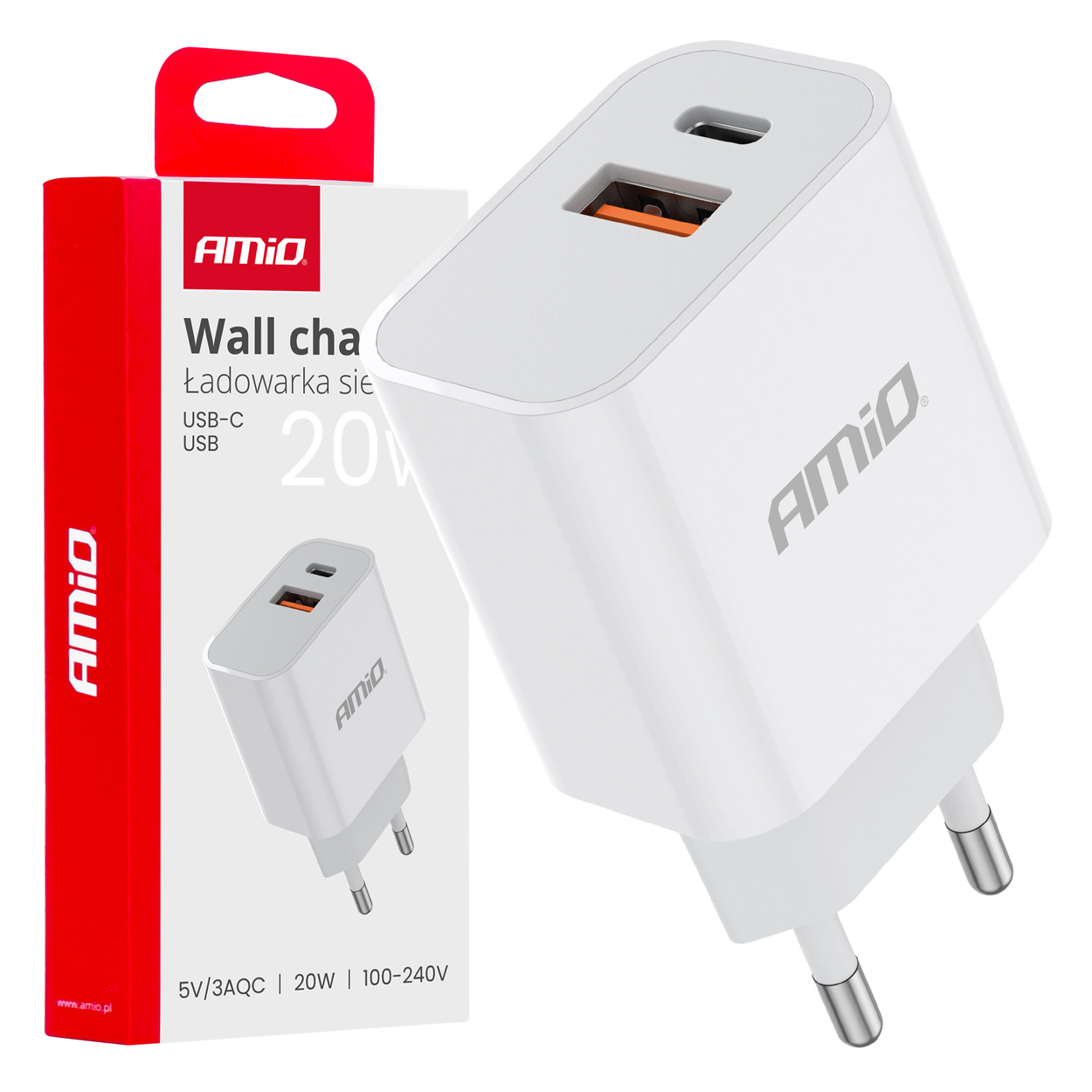 Ładowarka sieciowa PRO-09 Usb Usb-c 20W Quick Charge 230V AMIO-02935