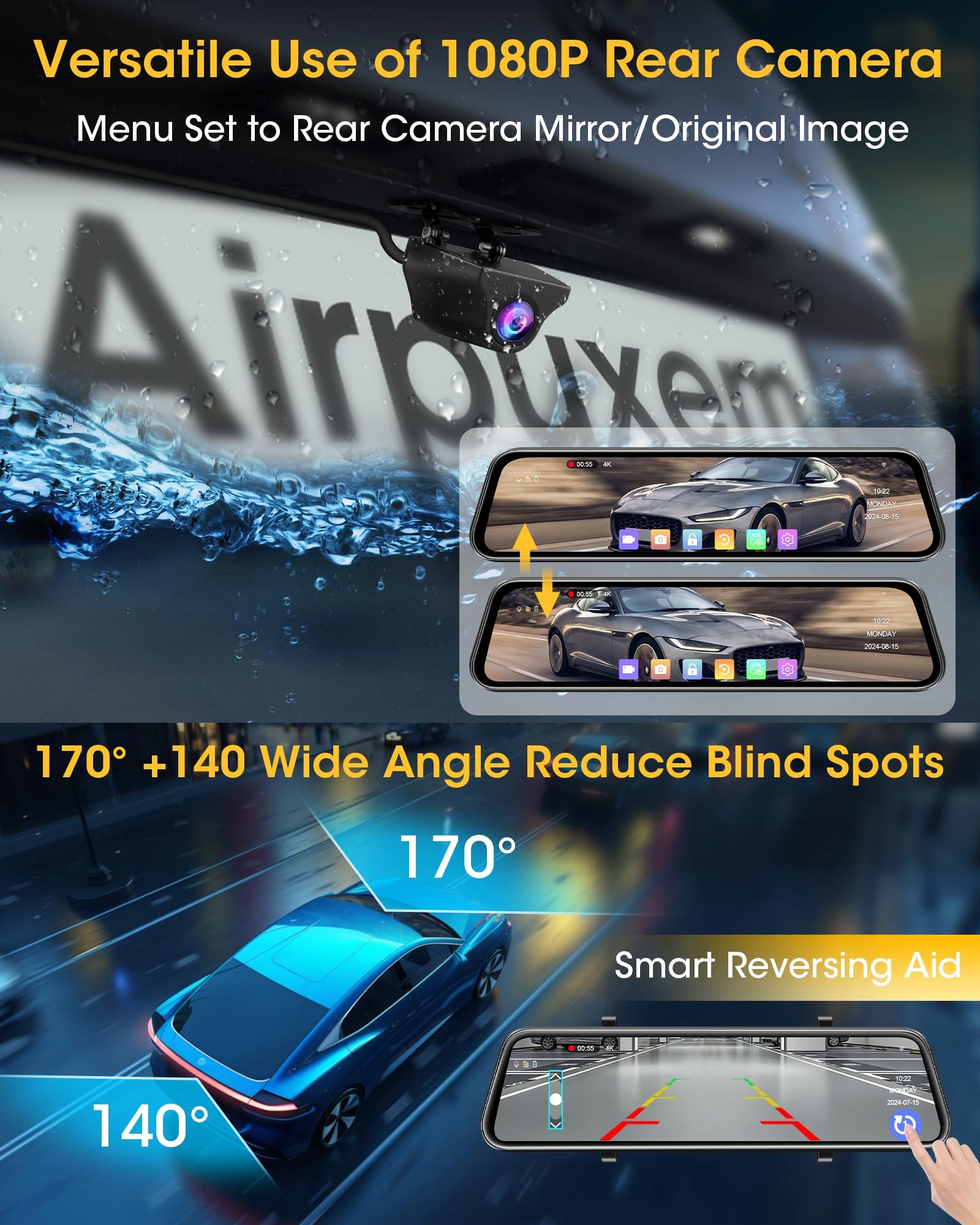 4K Airpuxem Lusterko Dashcam 10" IPS WiFi Przód Tył 64GB SD — miniatura 6