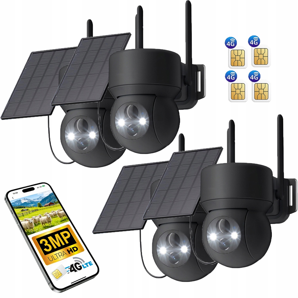 4 kusy Venkovní kamera na Sim kartu otočná Ip Zoom 3Mpx 4G Lte 4xZoom