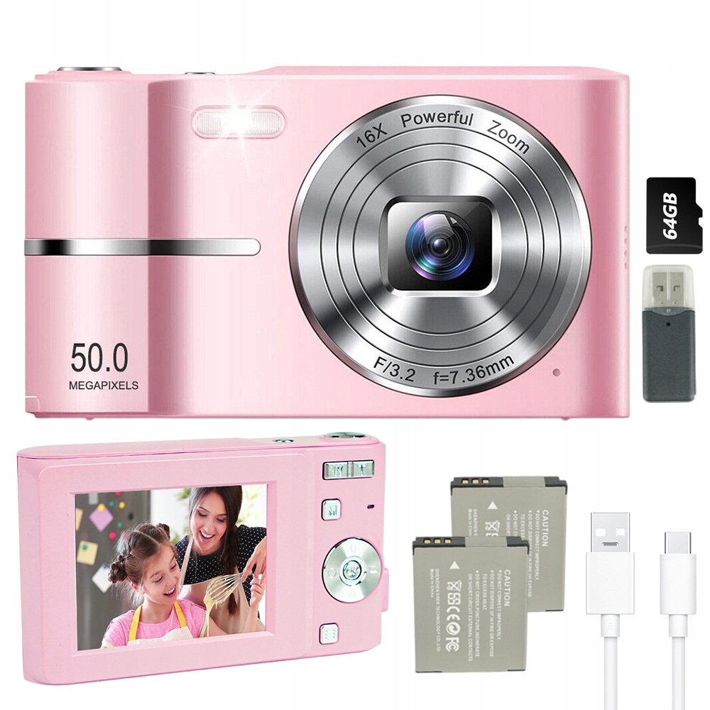 Aparat Cyfrowy Fotograficzny Dla Dzieci Hd 50 Mp 16X Zoom+ Karta 64GB