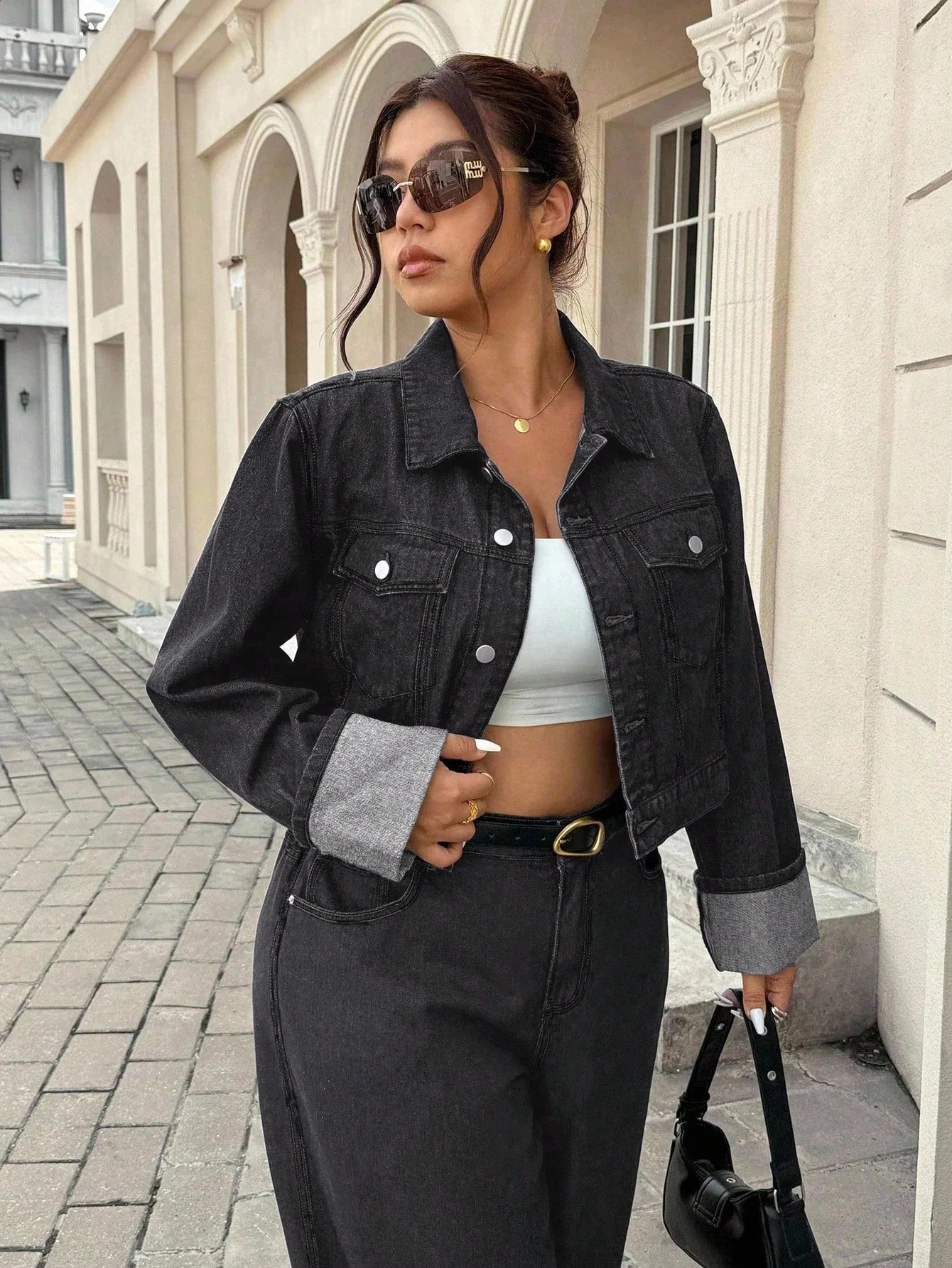 Dámská Džínová Bunda Černá Krátká S Dlouhým Rukávem Shein 3XL 46