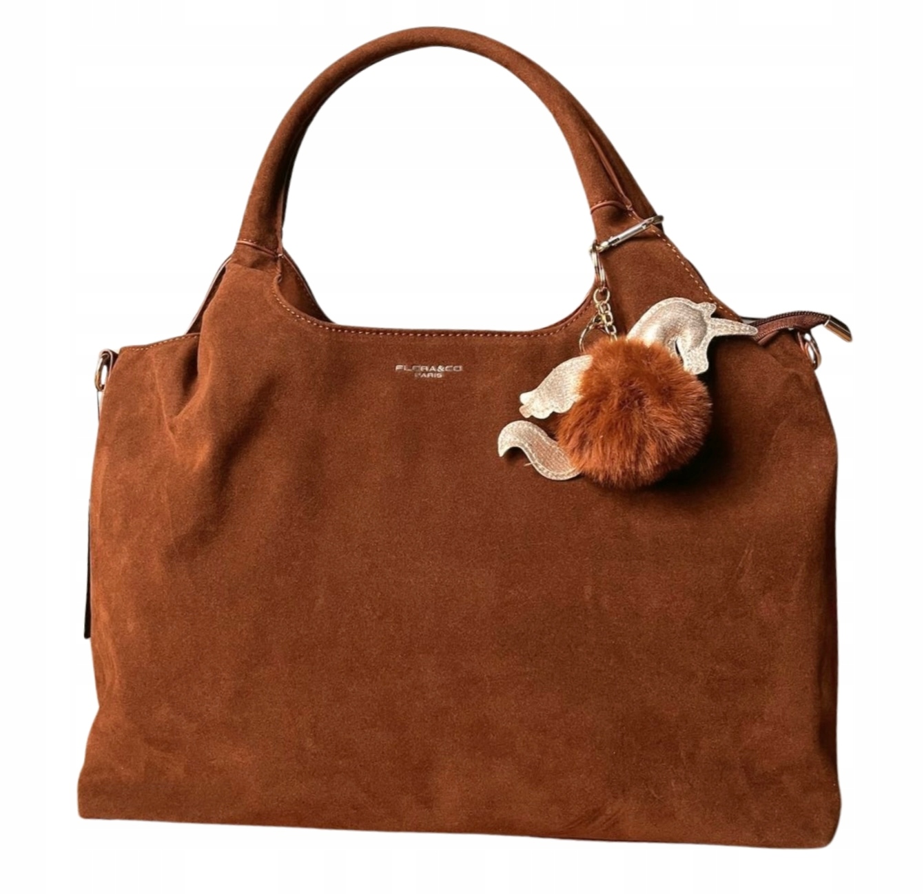Flora&Co camel zamszowa torebka brązowa shopper A4 breloczek zamsz brąz XL