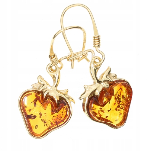 Zlaté Náušnice jahody Stříbro 925 pozlacené s Jantarem, uzavřená bižuterie