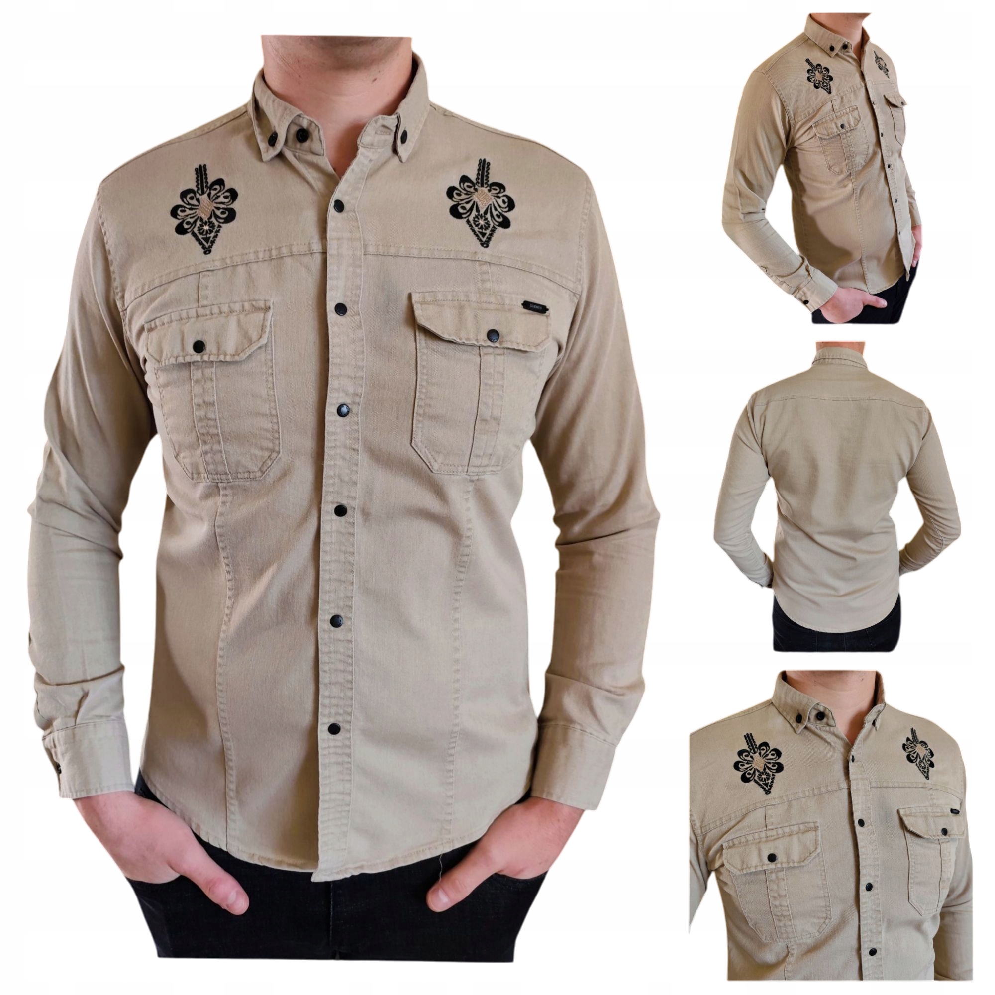 Pánská košile Slim Fit s výšivkou snapy elegantní casual Folková Béžová L