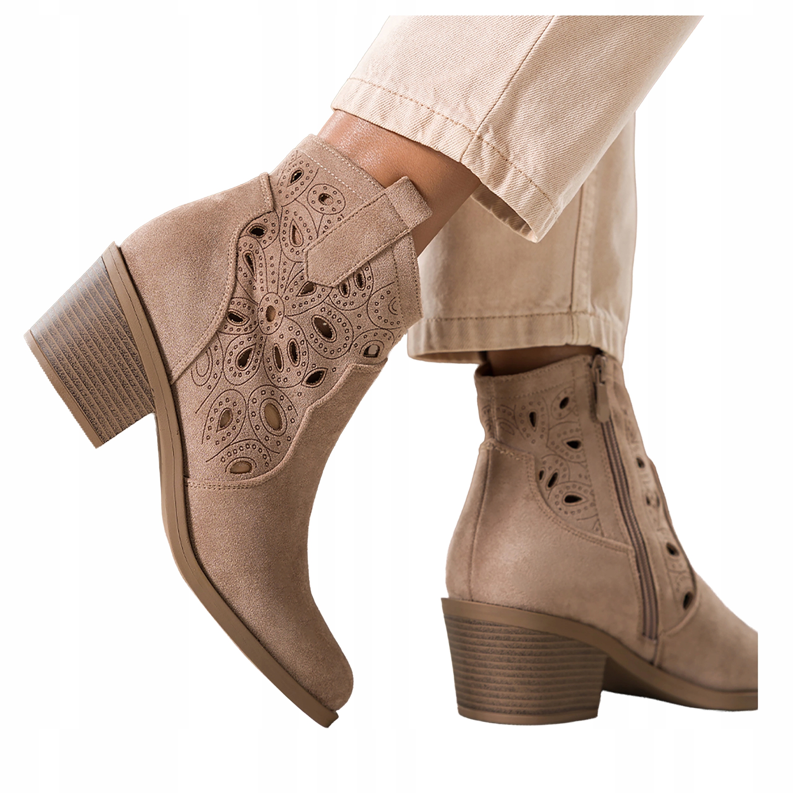 Béžové dámské kotníkové boty Ažurové Módní Zkosené Kostky Pohodlné Kovbojské Boty vel. 37