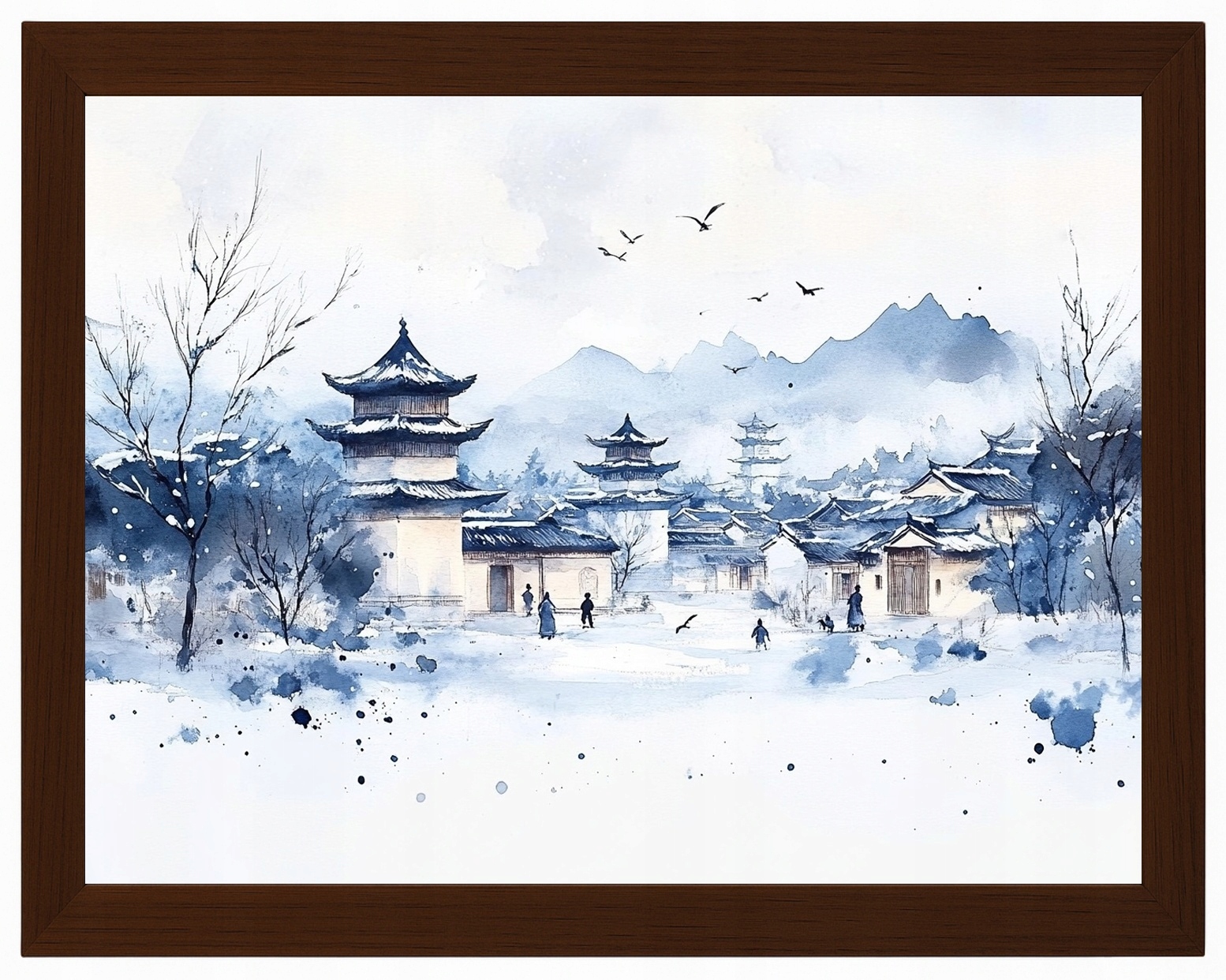 Plakát Rámeček Dřevo Grafika Asie Čína Městečko Pagoda Zima 80x60