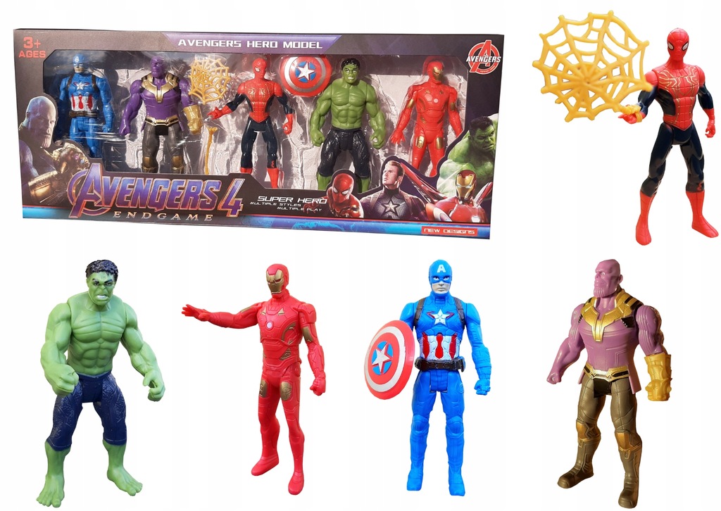 ZESTAW 5 FIGURK AVENGERS AKCESORIA HULK IRON SPIDERMAN THANOS AMERYKA 12CM