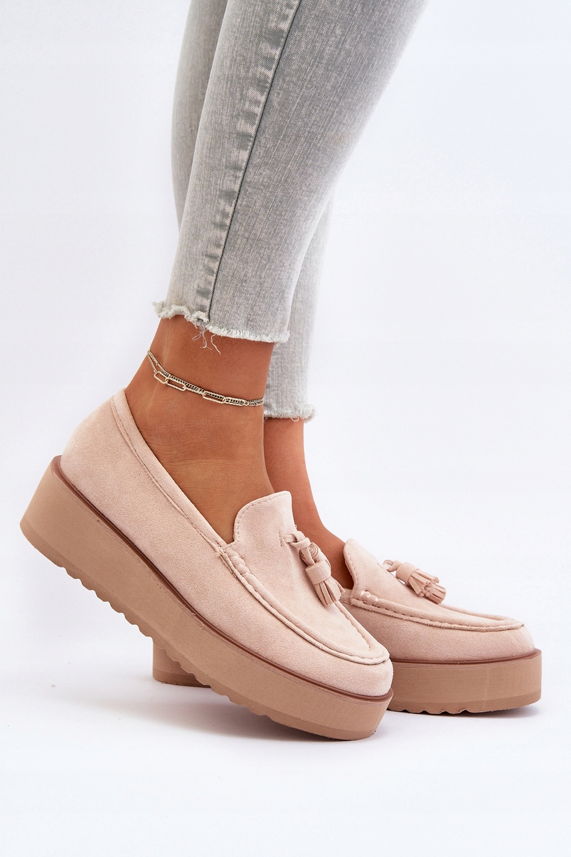 MOKASYNY DAMSKIE NA PLATFORMIE Z FRĘDZLAMI JASNOBEŻOWE 36 Rozmiar 36