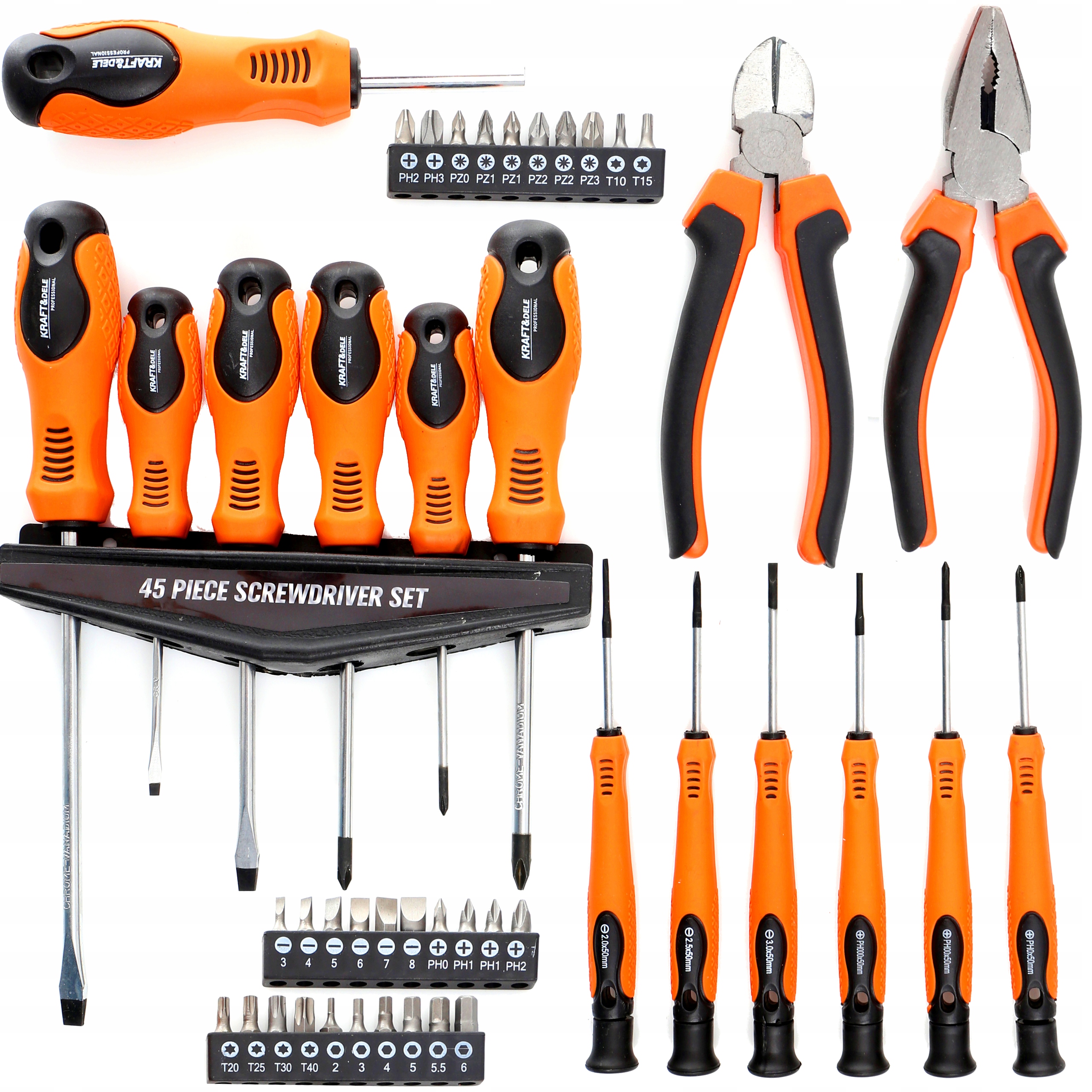 

Zestaw śrubokrętów śrubokręty szczypce bity 45 el.