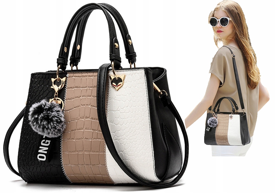 Torebka Damska Kuferek Czarny Beż Do Ręki Na Ramię Listonoszka Wąż