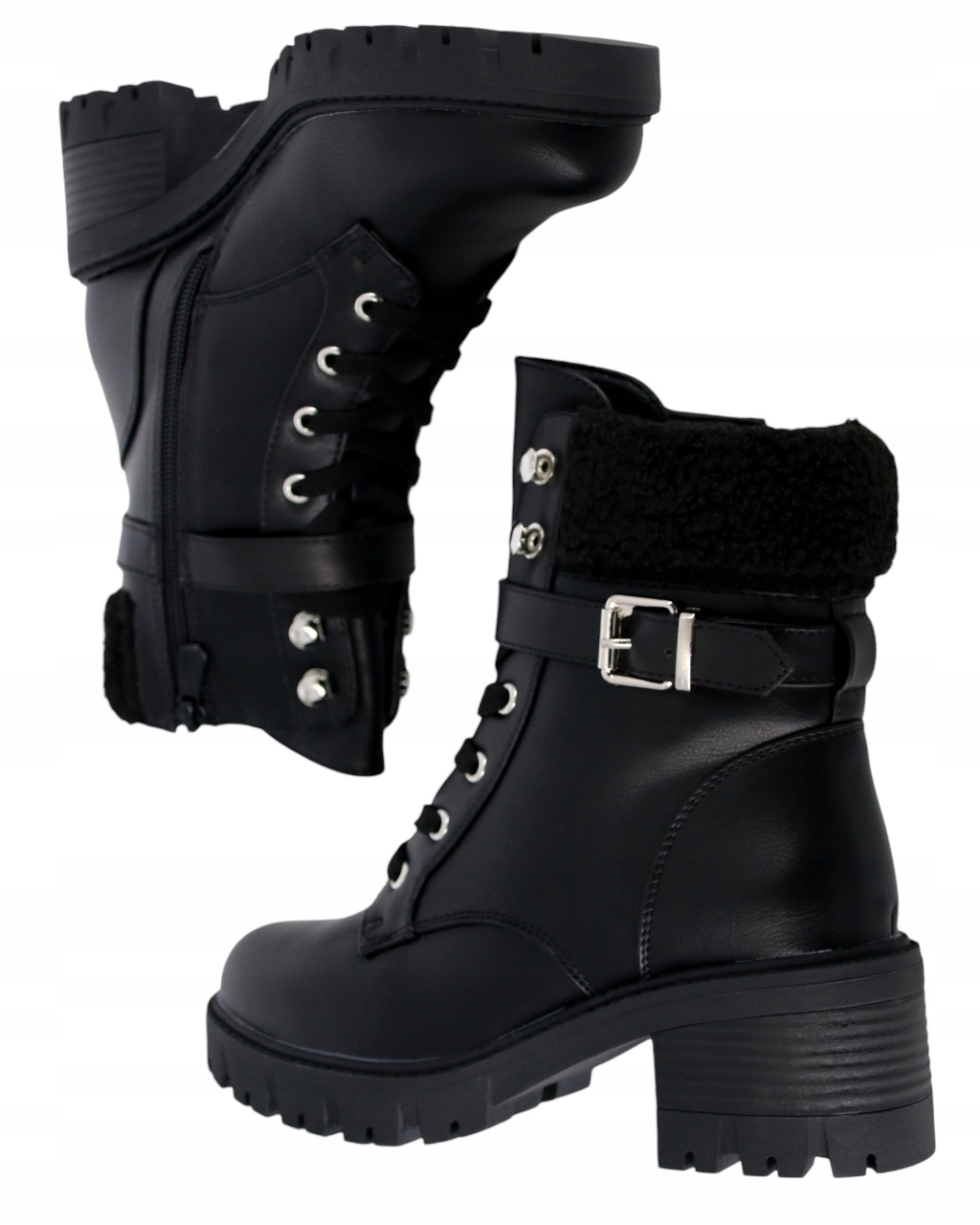 Kotníkové Boty Na Podpatku, Šněrovací Boty, Černé, Zateplené Dámskou Kožešinou, 38