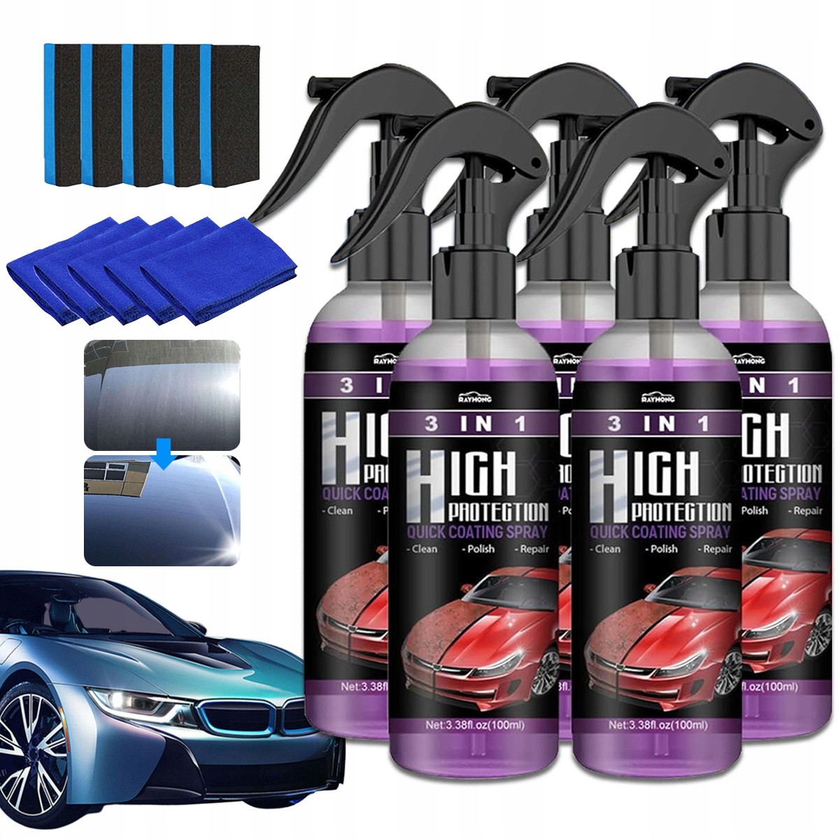 3 W 1 Ceramic Car Coating Spray,Multi-Functional Coating Renewal Agent x5