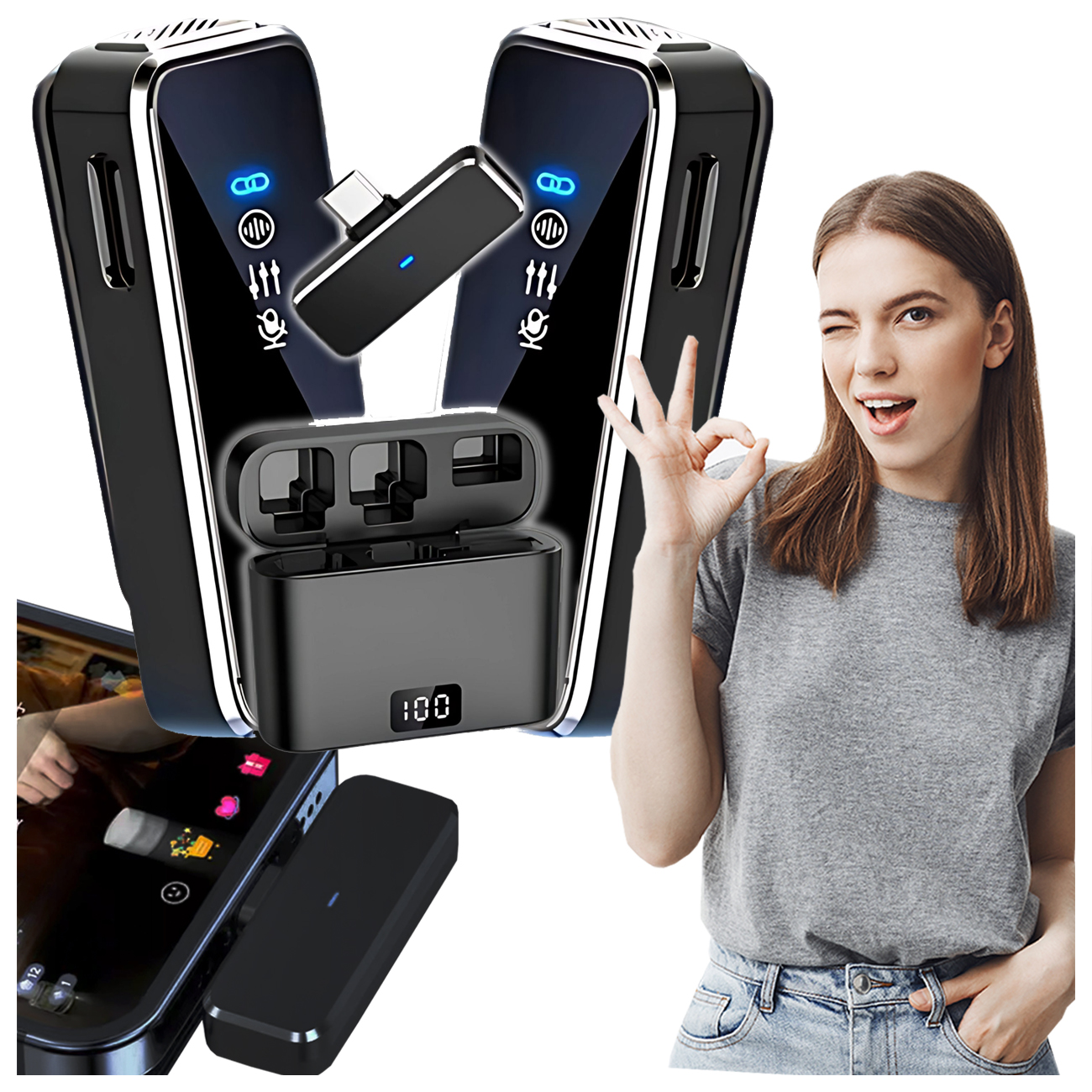 Zestaw Mikrofon Do Iphone Bezprzewodowy Na Bluetooth Powerbank Krawatowy