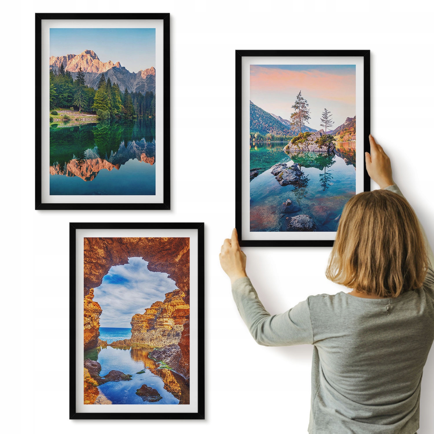 Obrazy v rámu Sada 3 kusů 40x60 cm Horská jezera odrazy skály