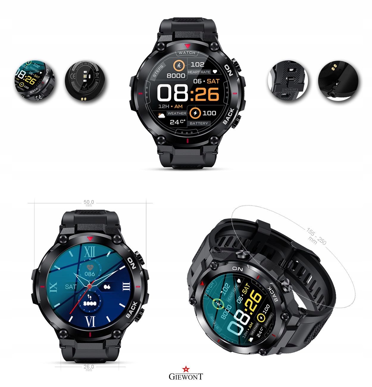 SMARTWATCH MĘSKI SPORTOWY MULTIFUNKCYJNY Z GPS Szerokość koperty 50 mm