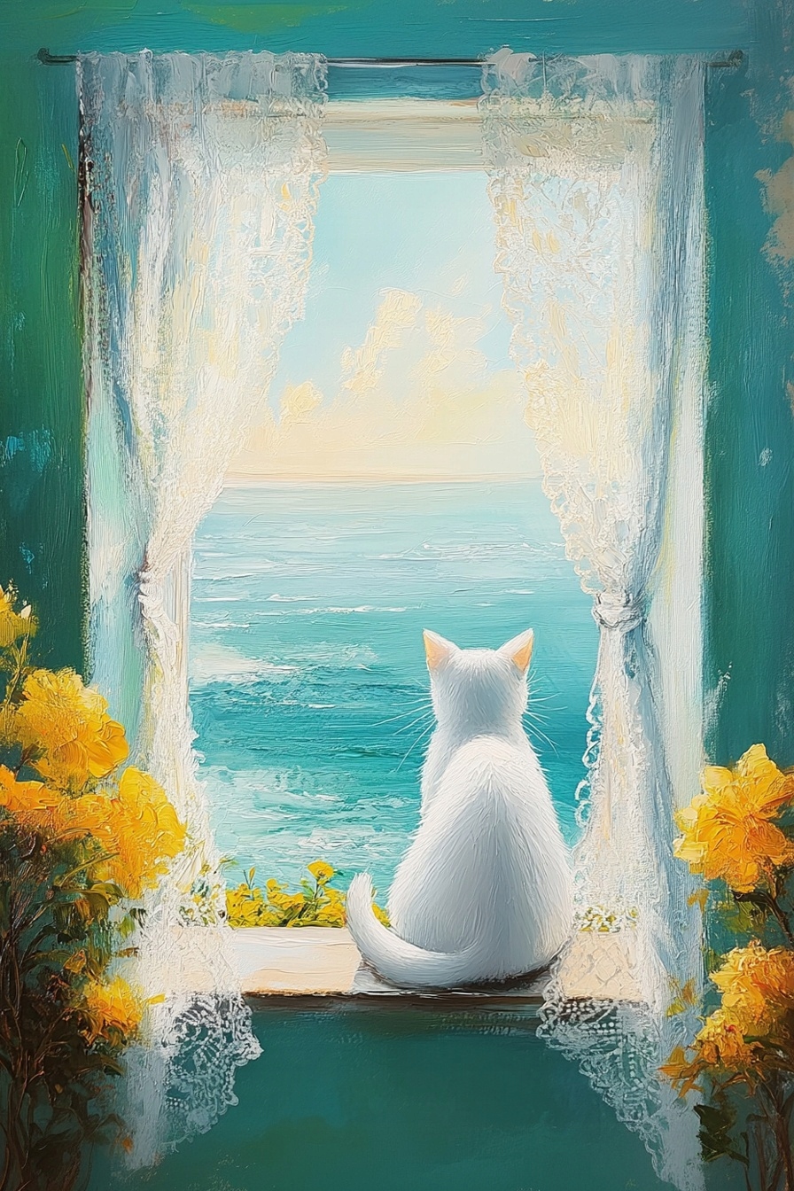 Obraz Na Plátně Canvas Imprese Okno Pohled Moře Bílá Kočka Květiny 80x120