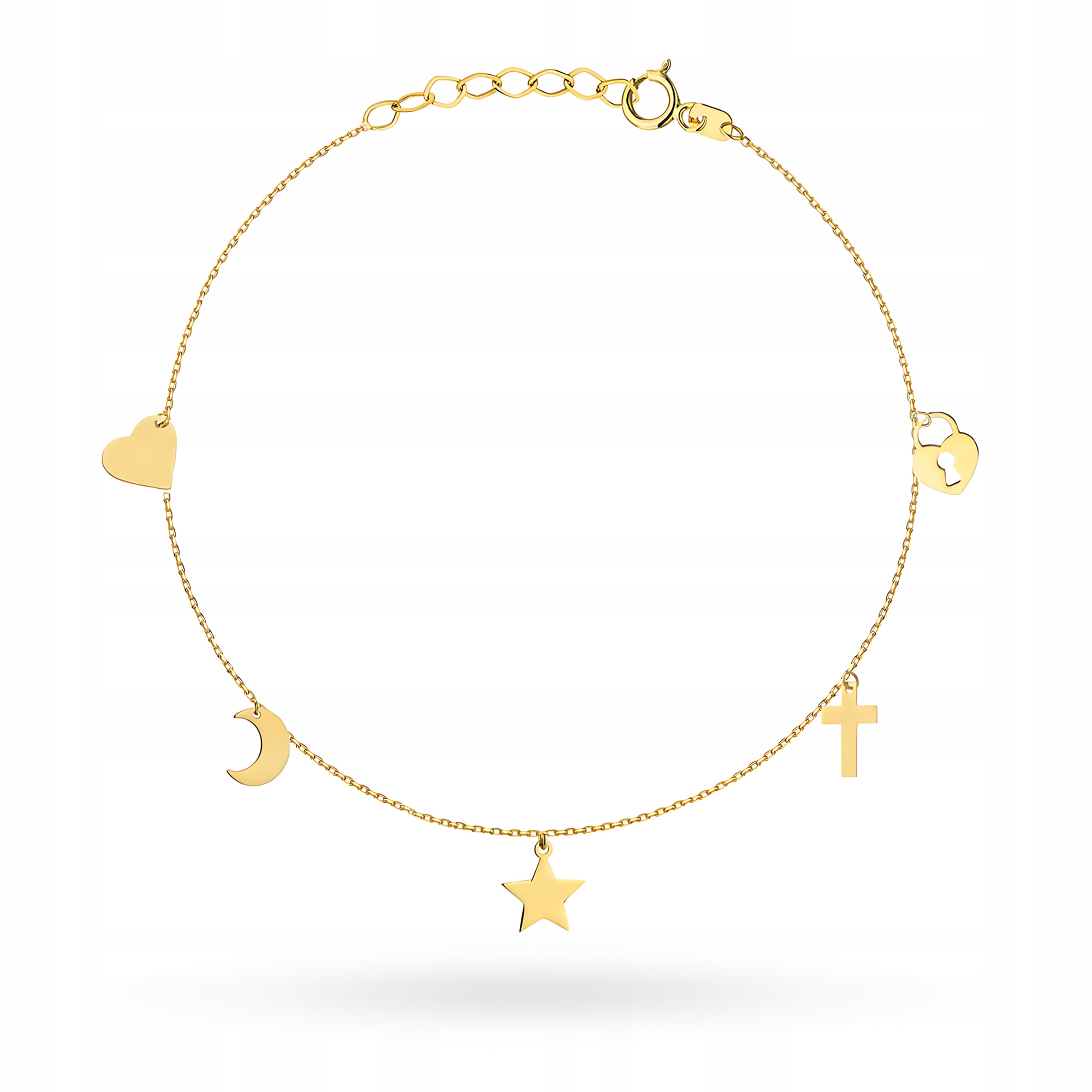 Zlatý Náramek Dámský pr. 585 Závěsná hvězdička Kříž Měsíc Srdce 14k
