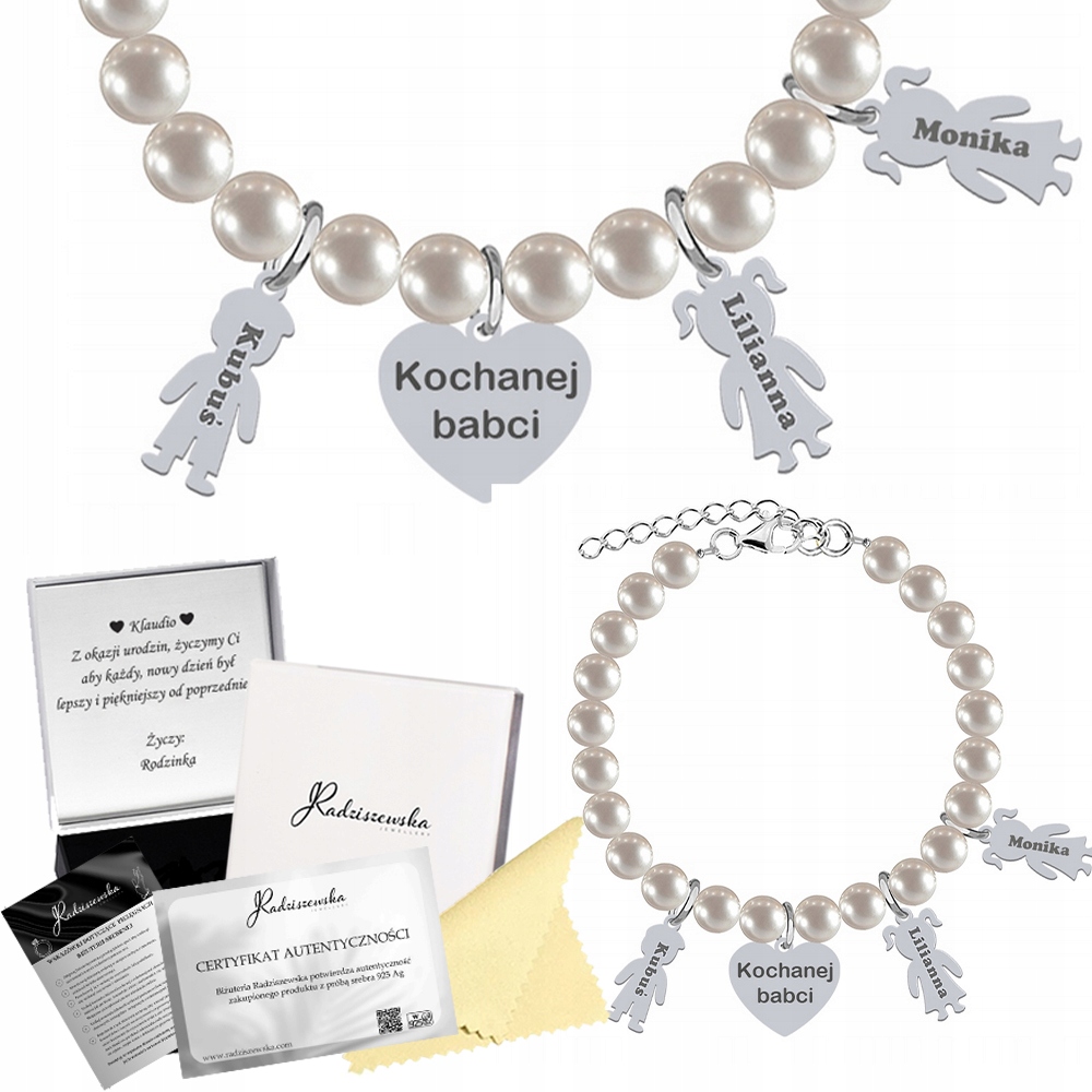 Stříbrný náramek s perlami Jméno dítěte Srdce Šperky Gravírování Přání