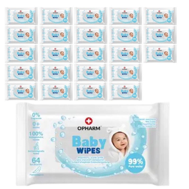 Chusteczki nawilżane 99% wody Biodegradowalne Opharm Baby Wipes 64szt x24