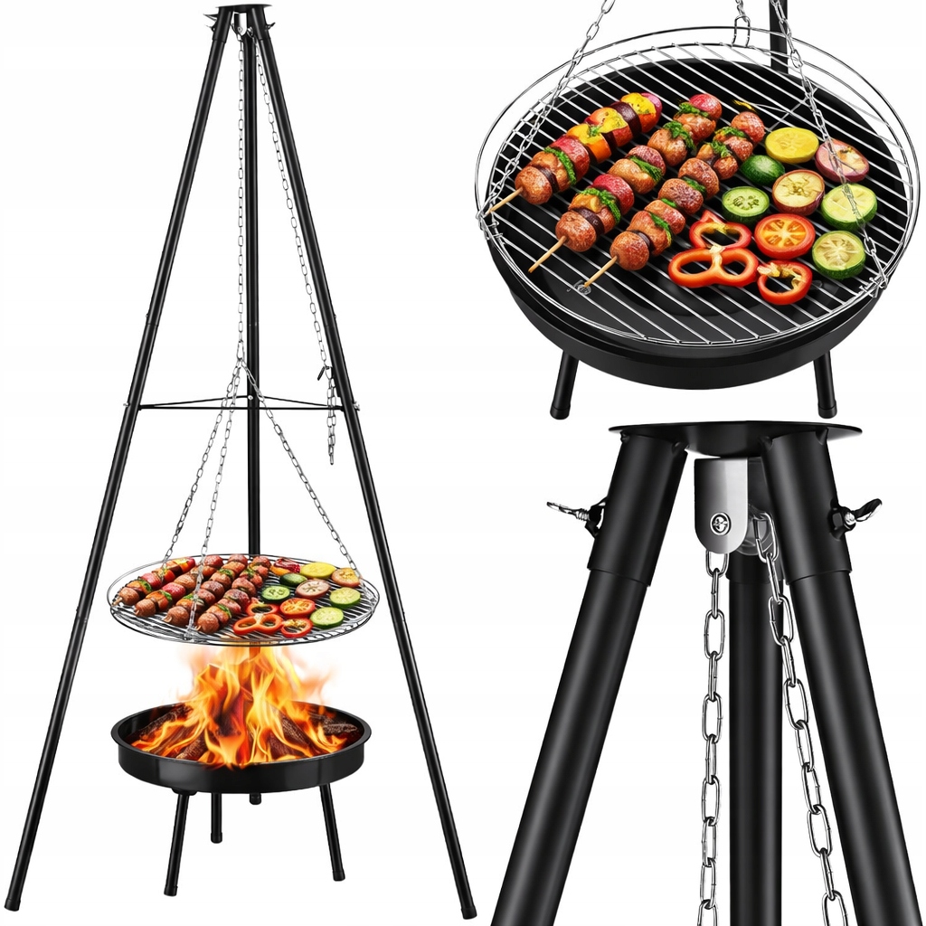 Zahradní gril na uhlí Gregman trojnožkový s ohništěm a roštem na oheň 2v1
