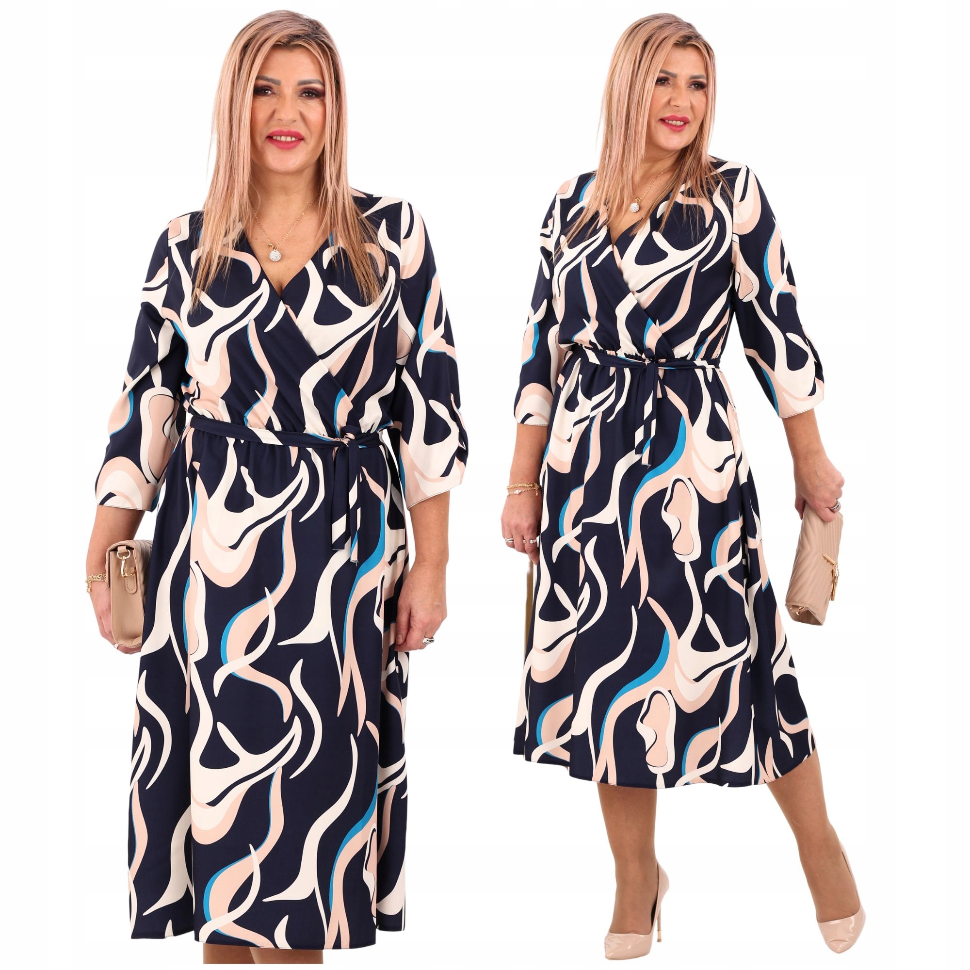 Sukienka kopertowa z paskiem Polski Producent duże rozmiary wzorzysta midi