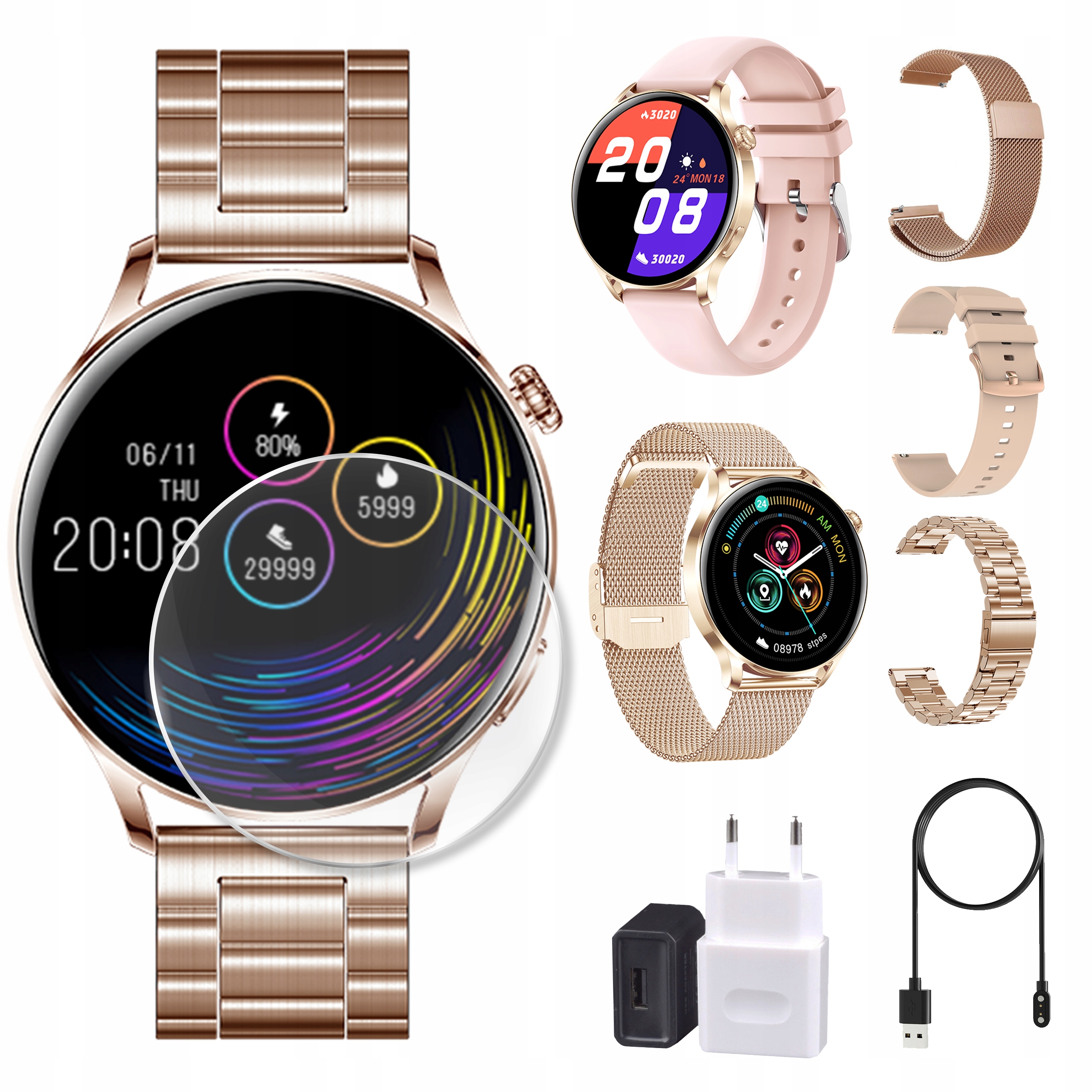 PIĘKNY ZŁOTY SMARTWATCH DAMSKI DUŻY ZESTAW 3 PASKI