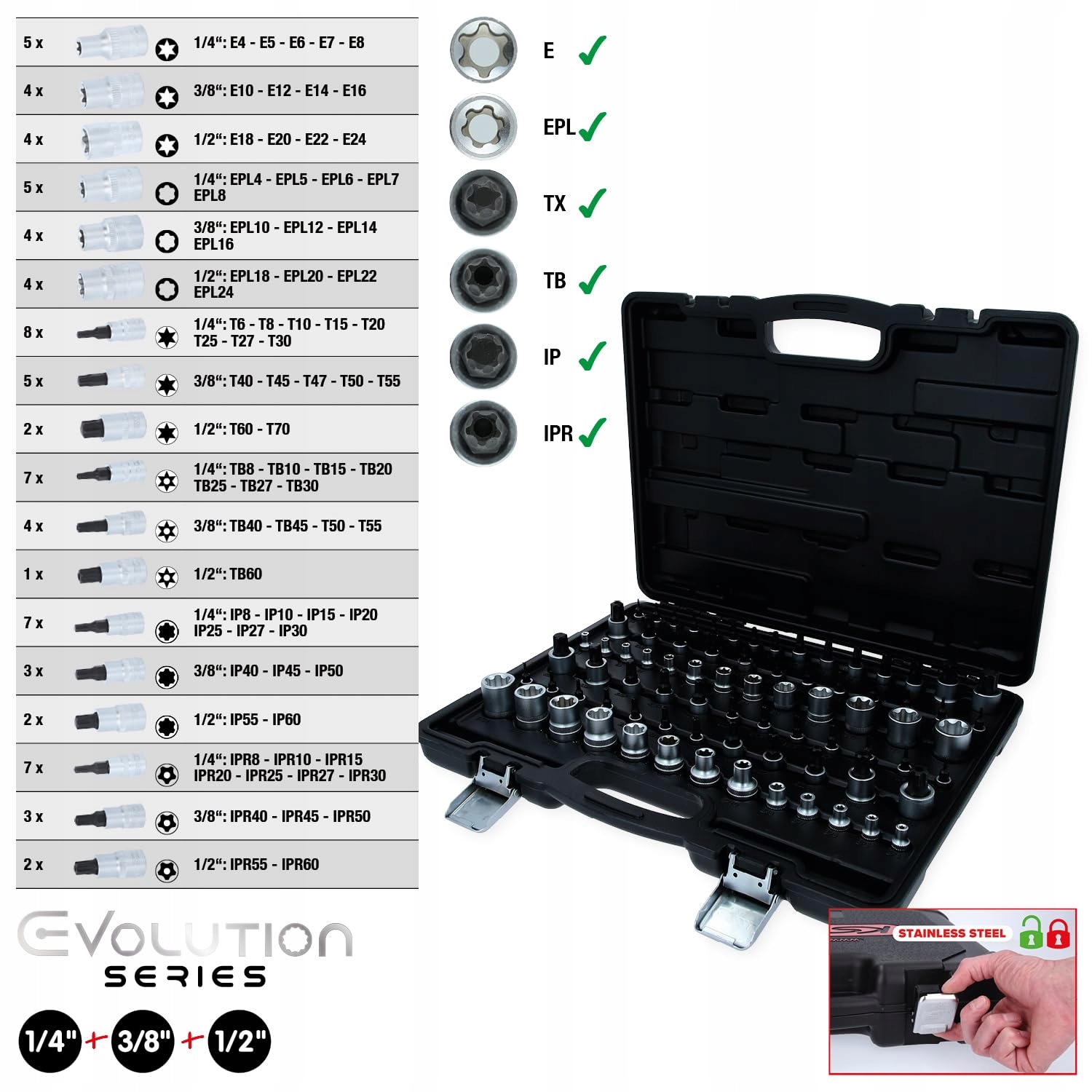Sada nástrčných kľúčov Torx 77ks 1/4, 3/8, 1/2 Ks Tools 911.0077