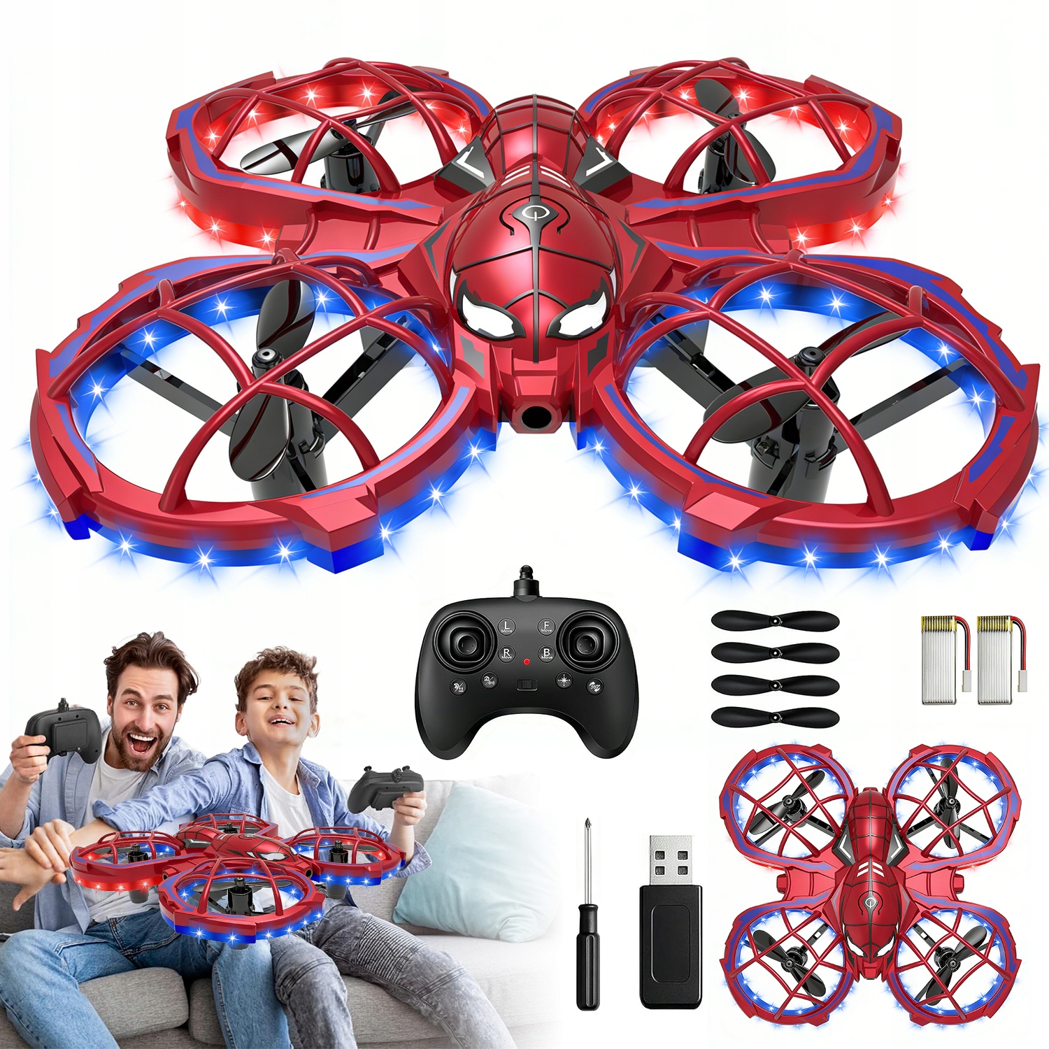 Dron Dziecięcy Zdalnie Sterowany Dwie Baterie Trzy Tryby Prędkości Led