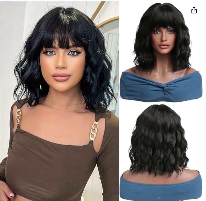 Paruka Esmee Krátká Vlnitá Černá Bob Syntetická Hříva 35 cm LC8087-2