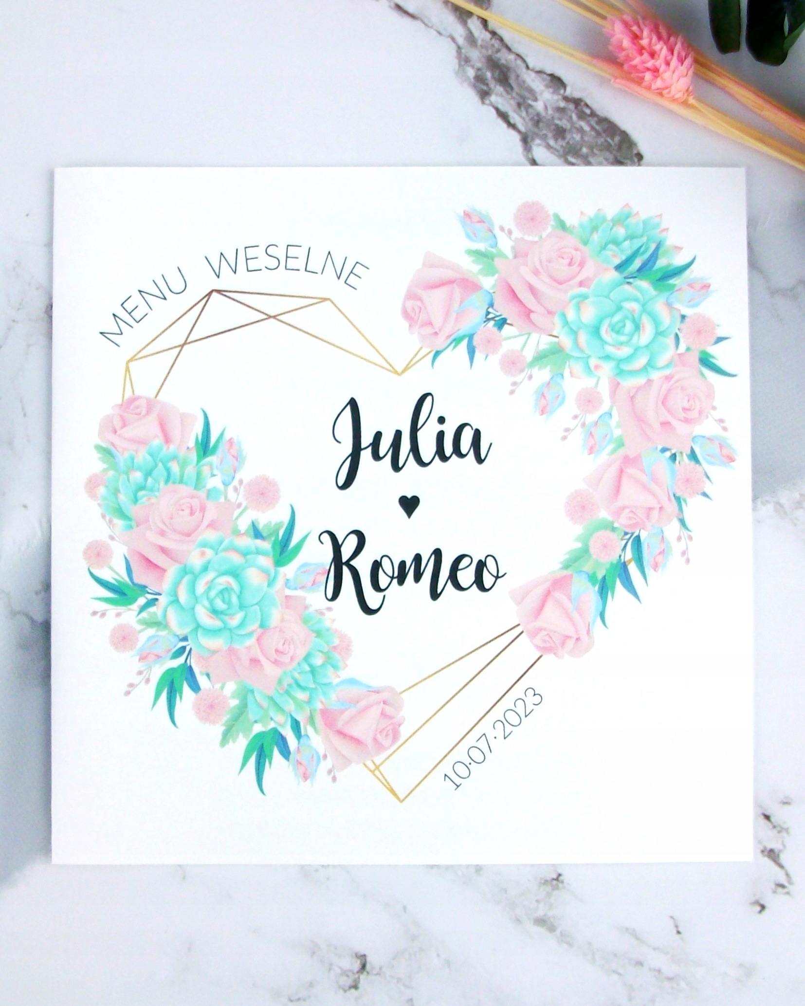 blossom serce geometryczne | MENU KARTA DAŃ DRINKÓW WESELE ROCZNICA Wysokość produktu 14 cm