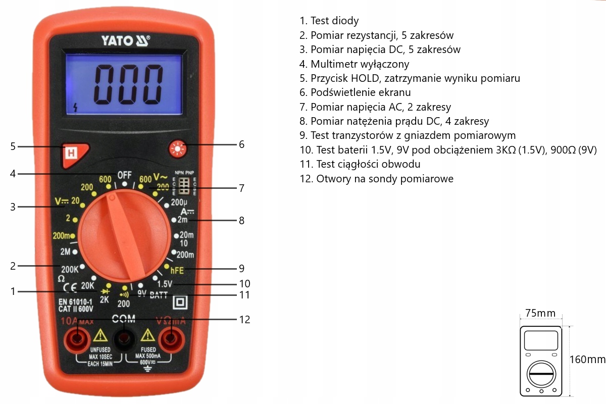 YATO MIERNIK UNIWERSALNY CYFROWY MULTIMETR RĘCZNY TESTER BATERII BUZER Rodzaj wyświetlacza LCD