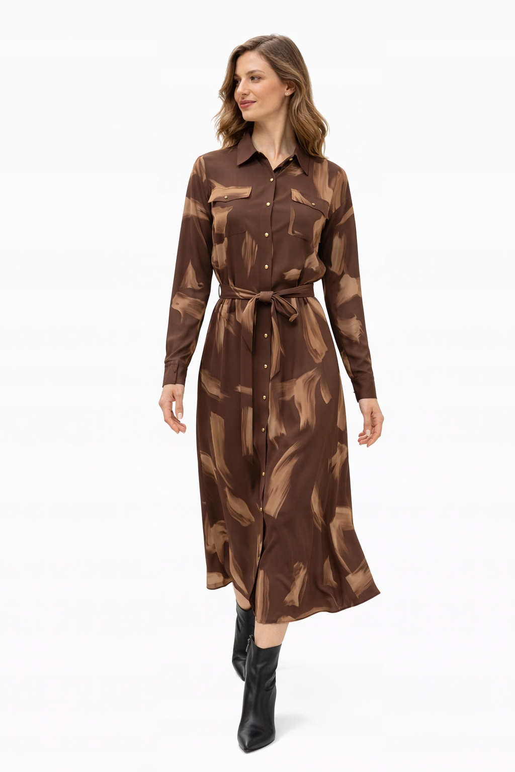 Šaty Maxi S Dlouhým Rukávem A Páskem, Hnědé, Velikost L 1I3A