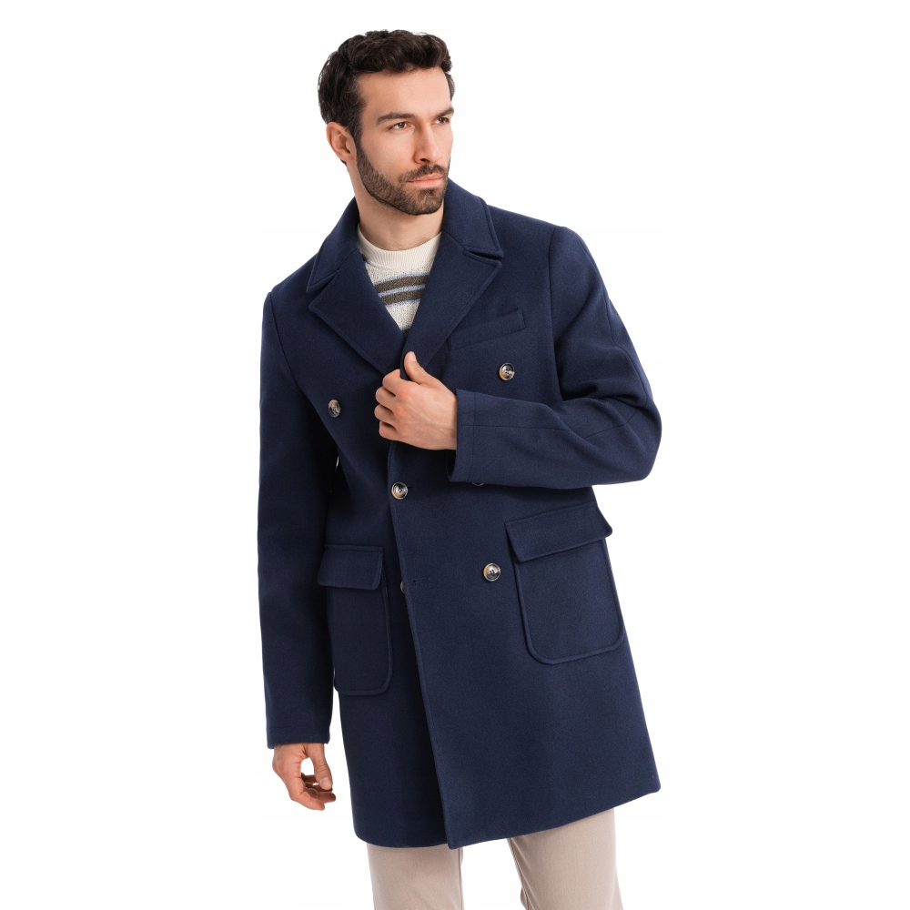 Dvouřadý pánský kabát s ozdobnými knoflíky indigo V1 OM-COWC-0109 XL