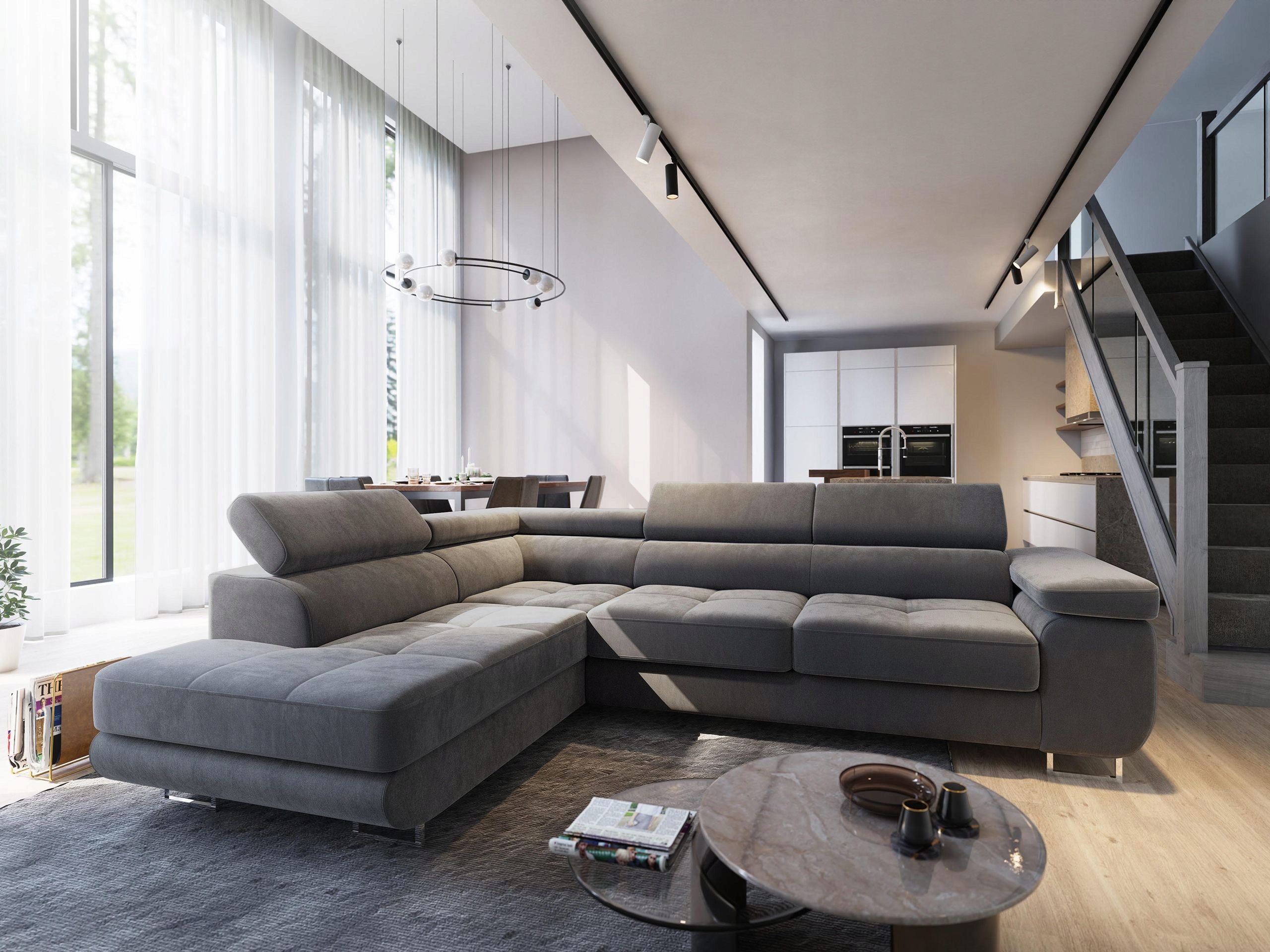 Rohová Sedací Souprava Selva do obývacího pokoje Rozkládací Funkce Spaní Komfortní Velur Šedá