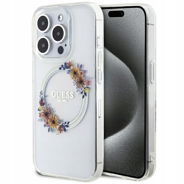 Pouzdro Guess pro iPhone 15 Pro Max 6.7 průhledné IML květiny Wreatch MagSafe