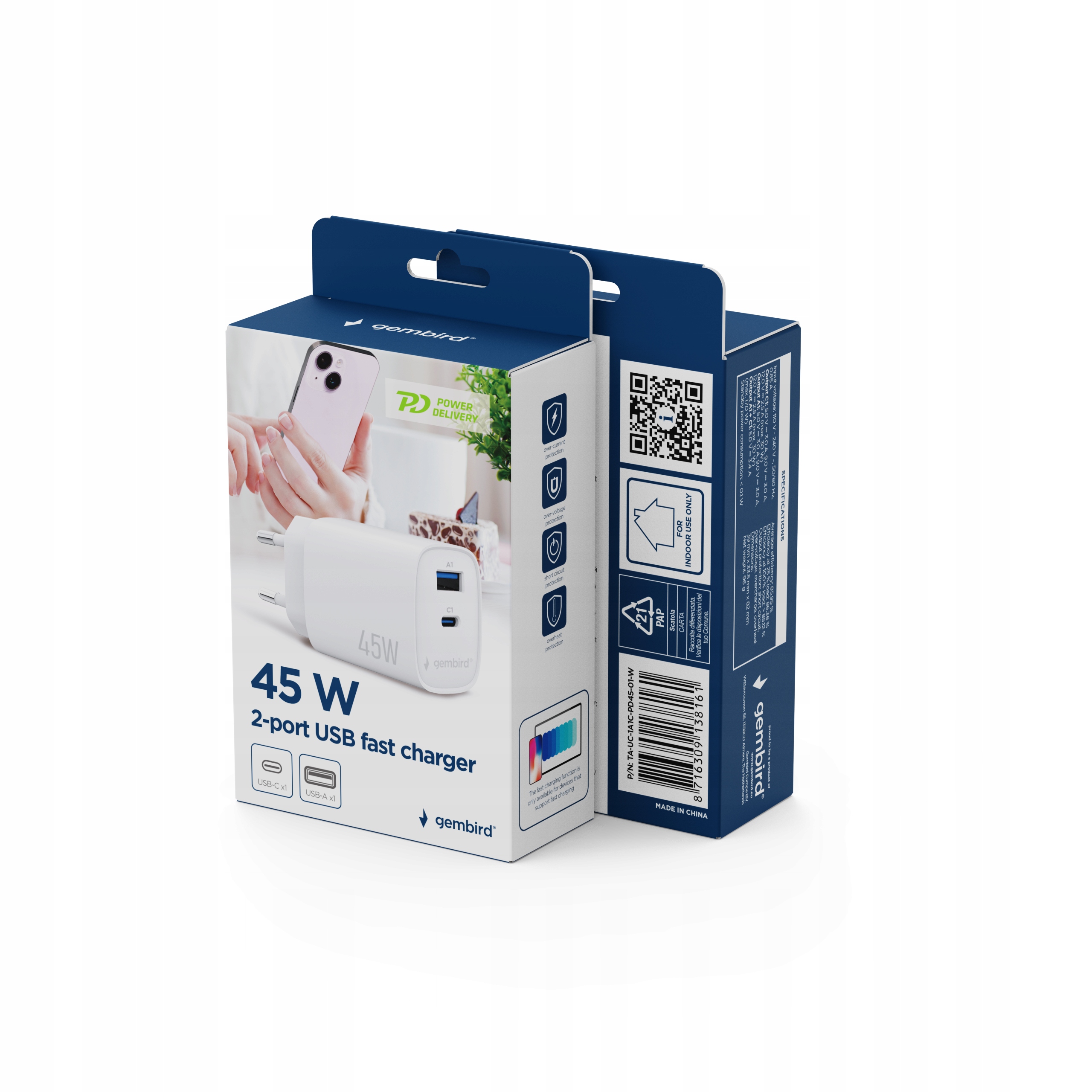 Gembird Ładowarka uniwersalna 1xUSB-C/A Qc 3.0 Pd 45W biała