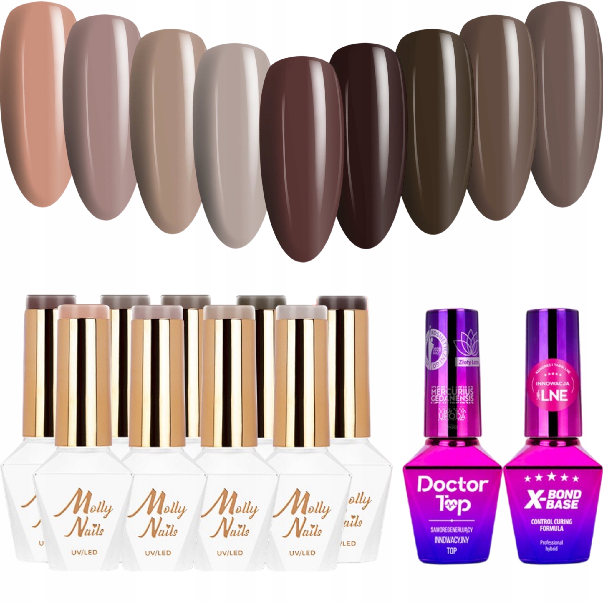 9x Hybridní lak Mollynails 8 g Choco Dreams Báze Top Set Hnědá