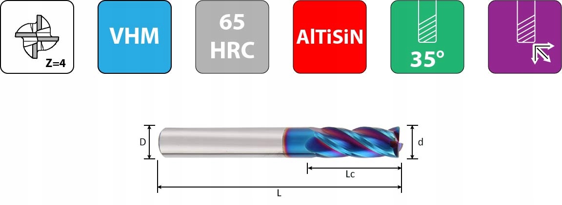Frez węglikowy VHM Fi5mm 4pióra 65HRC AlTiSiN Twardość (HRC) 45