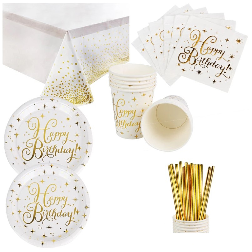 Zestaw kubki talerzyki złote urodziny 8 osób obrus