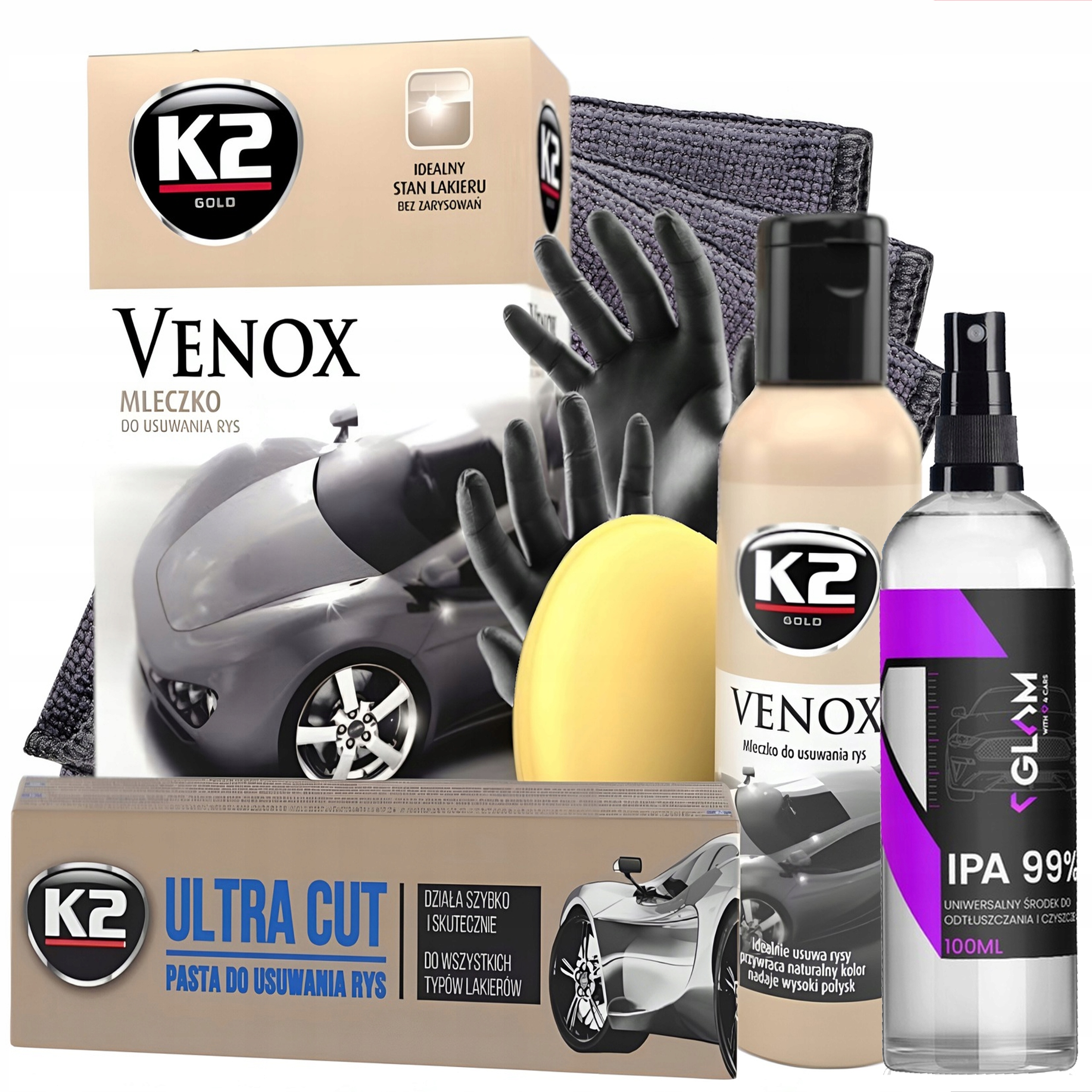 ZESTAW PASTA + MLECZKO K2 DO USUWANIA RYS ZARYSOWAŃ NA RYSY ULTRA CUT +IPA