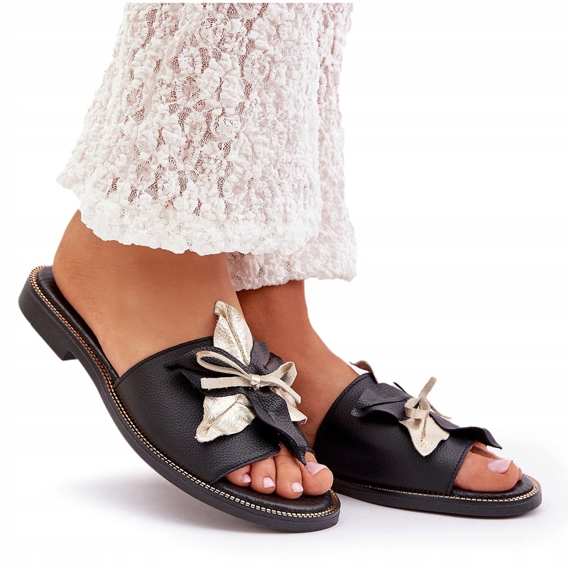 Nazouváky Přírodní Kůže Ozdoba Plochý Podpatek Zazoo 3574/Z Černá 39