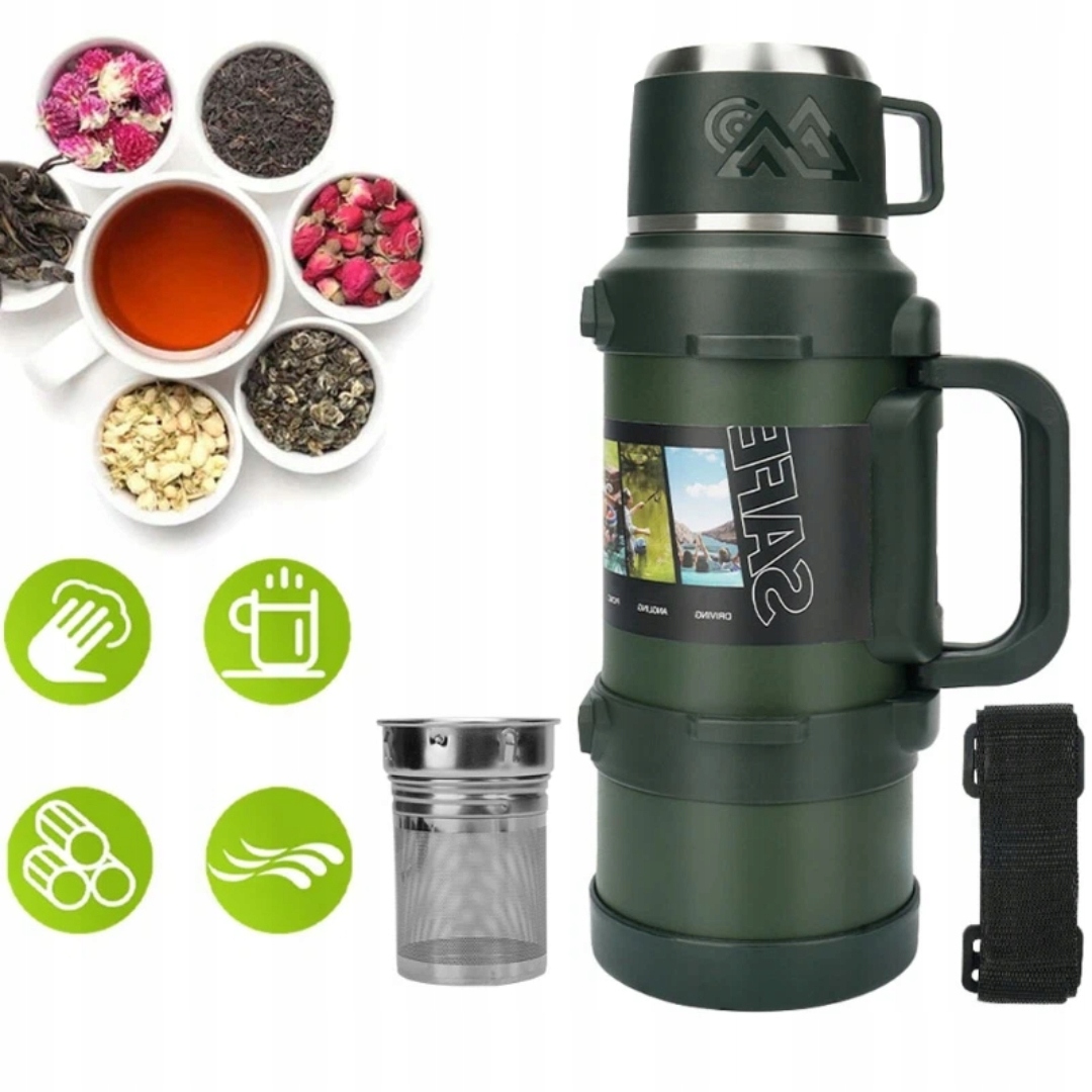 Termoska 2 L S Komorou Na Čaj, Vzduchotěsná Do 24 Hodin, Zelený Pás