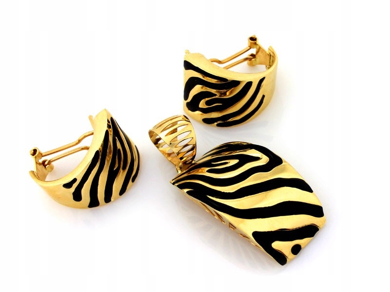 Elegantní zlatý komplet 585 náušnice a přívěsek s černým smaltem dárek