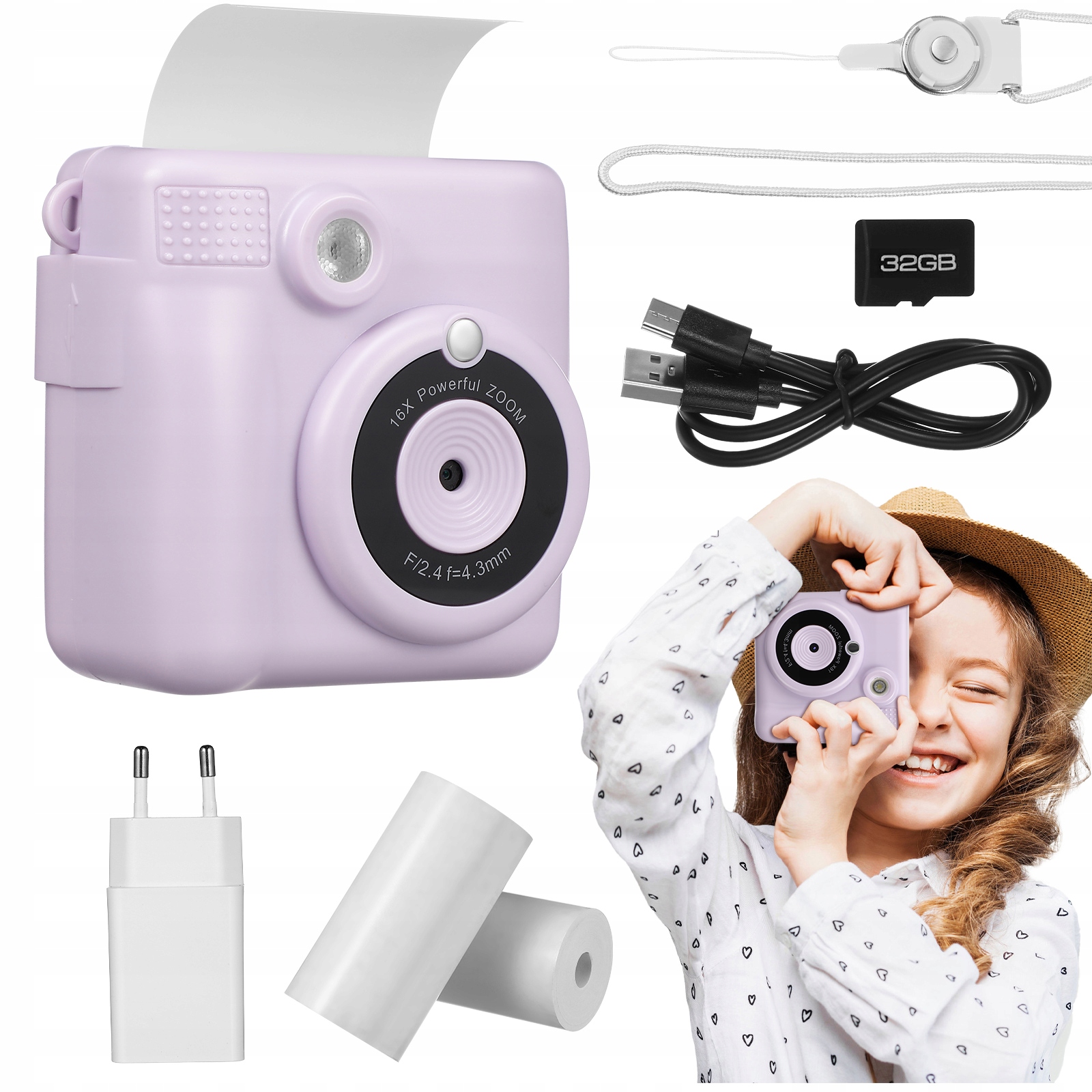 Digitální instantní fotoaparát fialový set 32GB s tiskem fotografií a 14 rolemi filmu