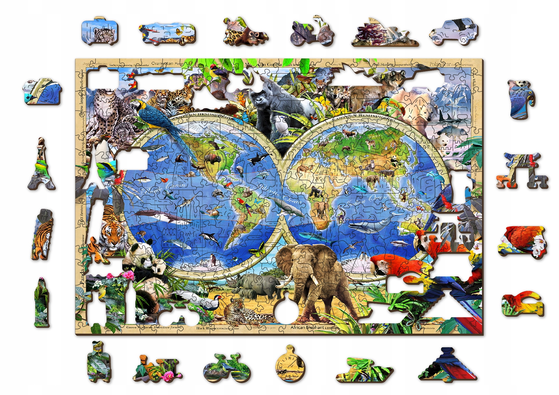 

Drewniane Puzzle 300 el Zwierzęta Świata Mapa