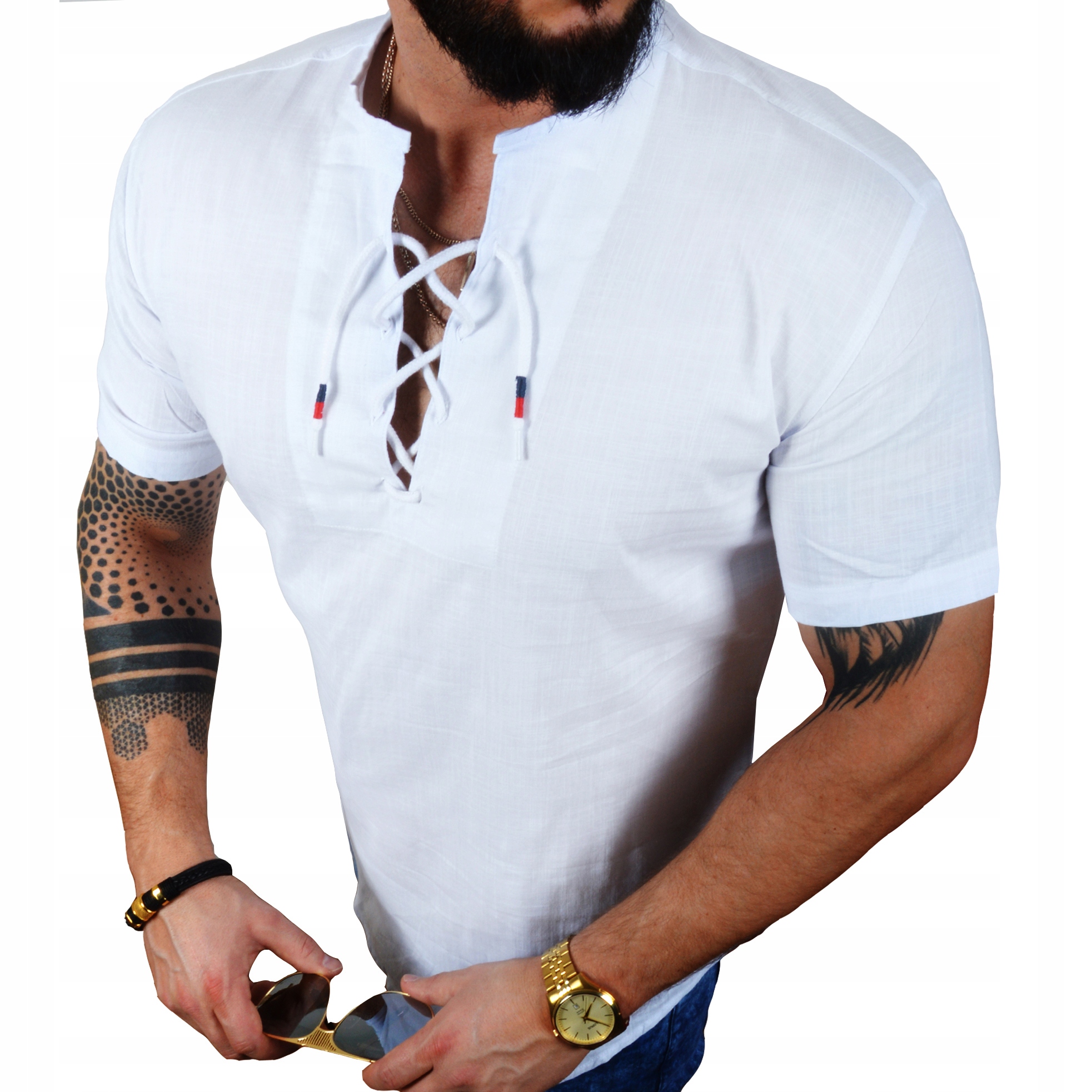 Koszula Lniana Przewiewna Bluzka Stójka Codzienna